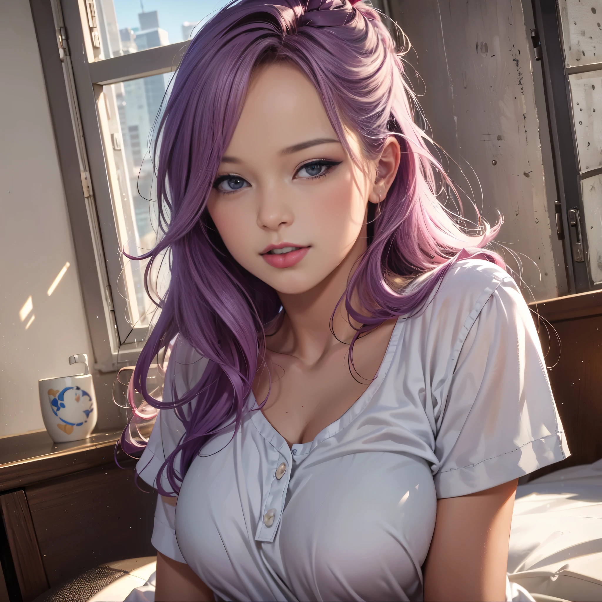 (higher resolution, distinct_image) The best quality, a woman, masterpiece, highly detailed, semi realistic, 21 years old, beautiful, young, handsome, t-shirt, lilac shirt pulled, collar on neck, interior, modern room, window, wake up, morning, blush, smiling, renatadaninsky