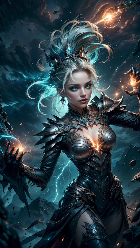 High view, high angle of camera, A beautiful and sexy goddess of storm, hyperrealistic. flying through a dark lightning storm, s...