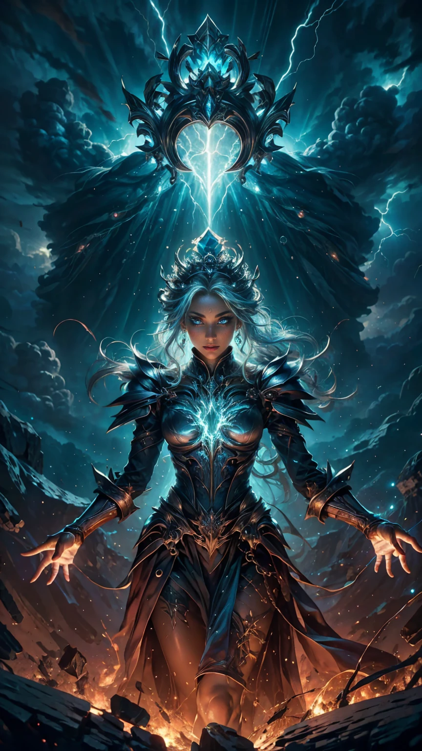 High view, high angle of camera, A beautiful and sexy goddess of storm, hyperrealistic. flying through a dark lightning storm, showcasing the fiery silver hair and queen crown made of dazzling rays., dark make up, silver ornament. Every space and build in the landscape is meticulously rendered, from the most dangerous and terrifying storm, creating a visually stunning and immersive world. The overall effect is a magnificent mix of fantasy, caos and storm,. close-up, fine quality cyan eyes, cyan eyes, lightning eyes, ultra detailed, Beautiful and aesthetically pleasing, masterpiece, Best quality score, Extremely detailed, raytraced, full body, close up, high view, particles and hard lights, angulo picado.