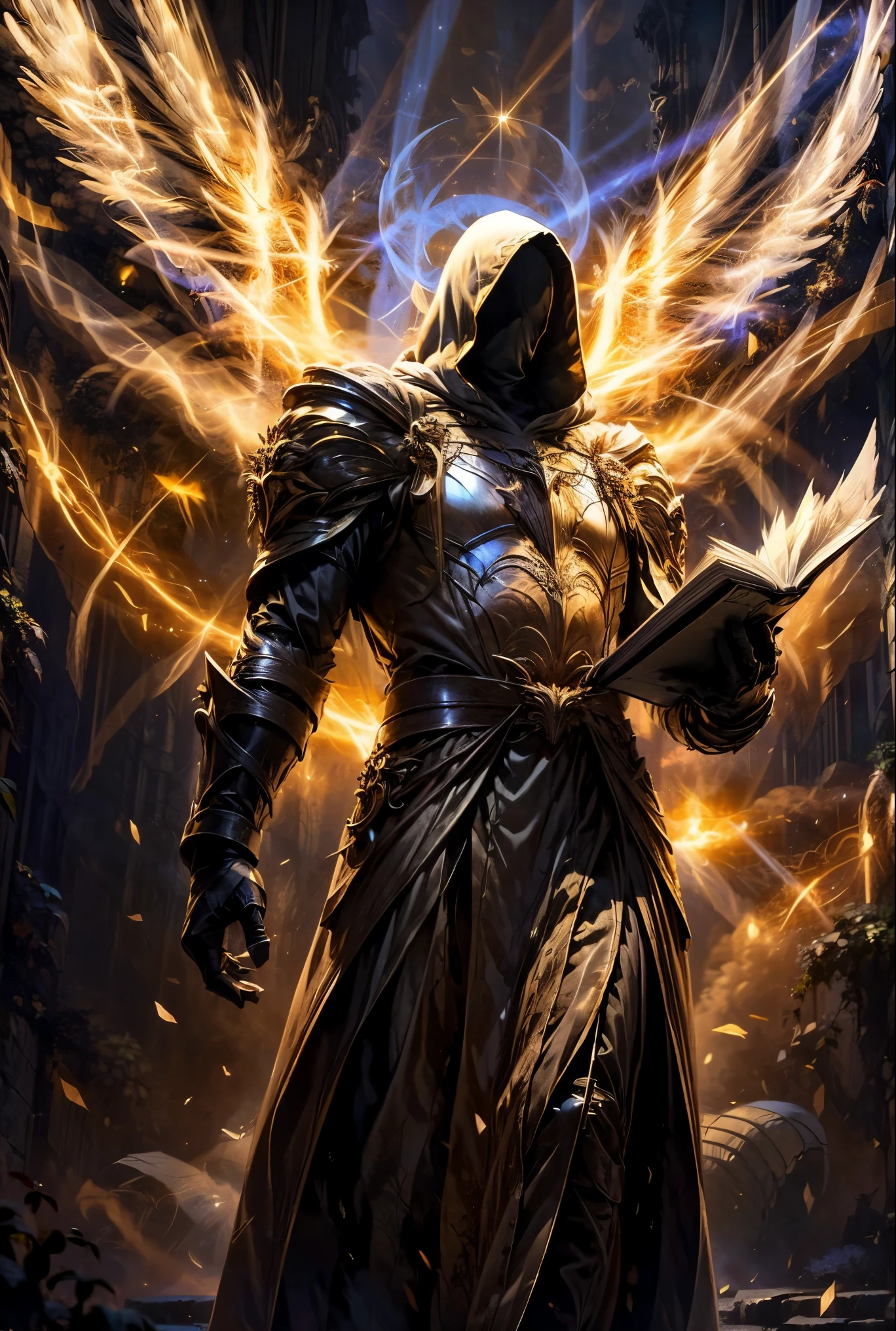 male, (((mysterious))), glowing eyes, hooded angel, (((holding a book))), battle archangel, angel white robes, holly light, energy, heaven gate, daylight