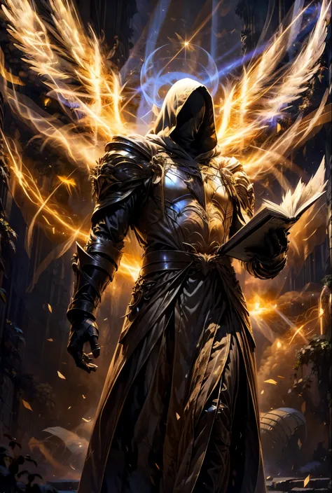 male, (((mysterious))), glowing eyes, hooded angel, (((holding a book))), battle archangel, angel white robes, holly light, ener...