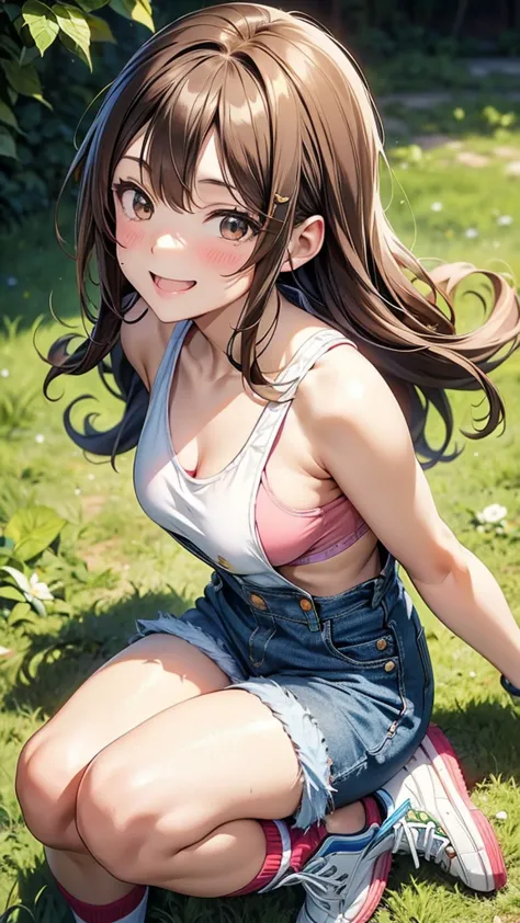 maki: ore no imouto ga konna ni kawaii wake ga nai, 25-yers-old girl with wavy brown hair wearing sexy denim overalls shorts and...