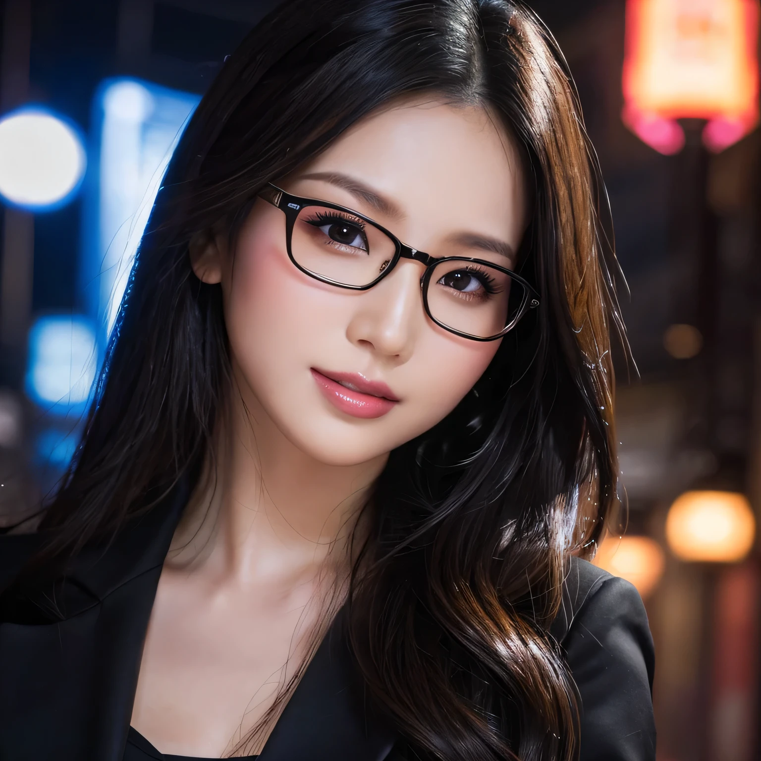 (la plus haute qualité、Table、8k、Meilleure qualité d&#39;image、Des œuvres primées)、Une belle femme、25 ans、parfaite belle composition、(cheveux très longs:1.1)、(Lunettes chics:1.1)、(Un costume business noir parfait et précis:1.3)、Regardez-moi、maquillage parfait、fascinant、Débordant de sex-appeal、Des lèvres brillantes et lumineuses、anatomie précise、(Gros plan du visage:1.4)、Promenez-vous dans le quartier animé de la vie nocturne、Quartier rouge profond、Please Regardez-moi、(L&#39;éclairage le plus atmosphérique:1.1)、(La rue du quartier rouge la plus atmosphérique et la plus romantique:1.1)、Une reproduction parfaite du quartier de la vie nocturne jusque dans les moindres détails、maquillage parfait、Visage beauté ultra haute définition、Cheveux Ultra HD、Yeux hydratants de très haute qualité、(Des dents parfaites en ultra haute résolution:1.1)、(Peau brillante ultra haute résolution:1.1)、Lèvres brillantes de très haute qualité