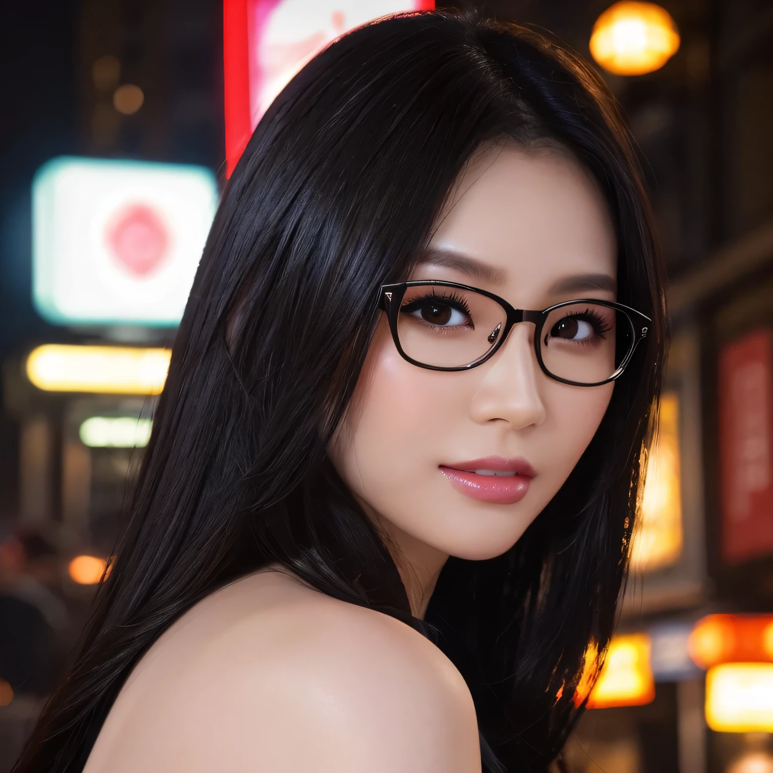 (highest quality、Tabletop、8k、Best image quality、Award-winning works)、One beautiful woman、Age 25、Perfect beautiful composition、(Very long hair:1.1)、(Classy glasses:1.1)、(A perfect and precise black business suit:1.3)、look at me、Perfect Makeup、Fascinating、Overflowing with sexiness、Lustrous and bright lips、Accurate anatomy、(Face close-up:1.4)、Walk through the atmospheric nightlife district、Deep red light district、Please look at me、(The most atmospheric lighting:1.1)、(The most atmospheric and romantic red light district street:1.1)、A perfect reproduction of the nightlife district down to the last detail、Perfect Makeup、Ultra-high definition beauty face、Ultra HD Hair、Ultra-high quality moisturizing eyes、(Ultra High Resolution Perfect Teeth:1.1)、(Ultra-high resolution glossy skin:1.1)、Ultra-high quality glossy lips