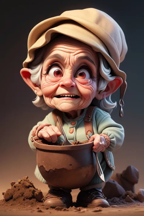 a very old woman, wrinkled face, digging soil with a tiny spoon, amusing expression, comical, humorous, meme, surreal, whimsical...