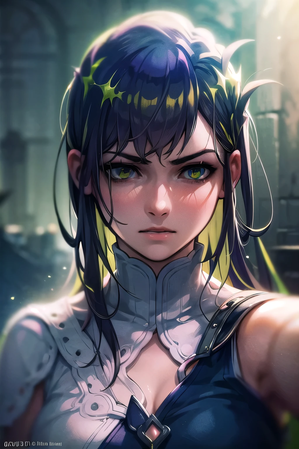 a serious looking girl in a high , 1 girl, solo, black hair with green streaks, dull green eyes, (best quality,4k,8k,highres,masterpiece:1.2),ultra-detailed,(realistic,photorealistic,photo-realistic:1.37),digital art, portrait, cinematic lighting, muted colors, dramatic lighting, moody atmosphere, environmental portrait