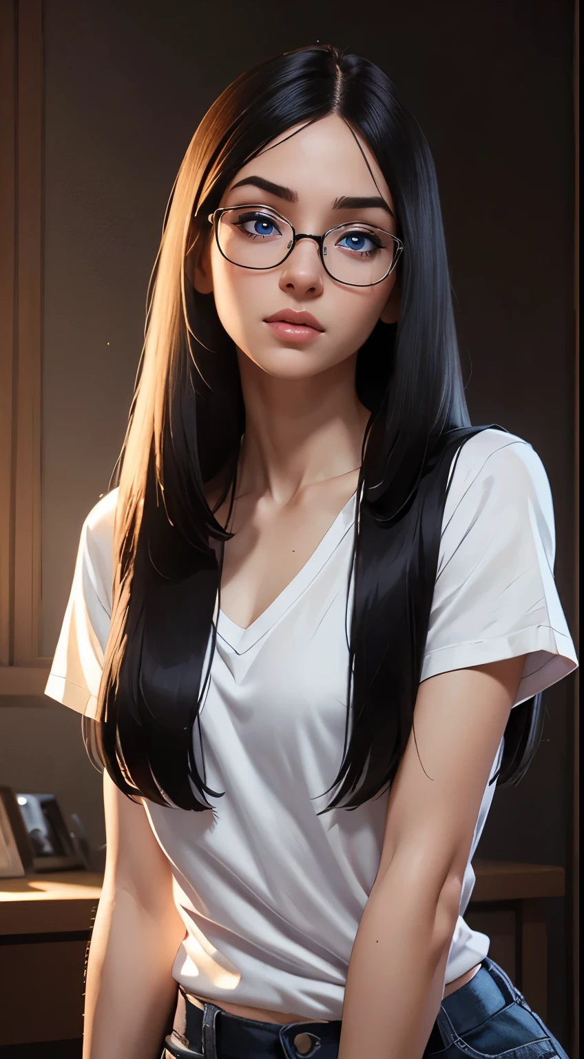 ((best quality: 1.5)) ((masterpiece)), intricate details, soft focus, professional, real life, realistic representation of the face, dim volumetric lighting, dynamic pose, in the style of realistic and hyper detailed renderings BREAK woman (Ultra detailed skin), pale skin, (super thin hair),(ultra soft hair),(ultra straight hair:1.5),Swept long bangs,black,Hair over one eye,blue eyes, glasses, black, straight and silky defined hair long white t shirt until thighs, (White shirt, naked lower body, torn, mid-chest torn shirt, no underwear, shirt covers photorealistic, hyper-realistic, 8K