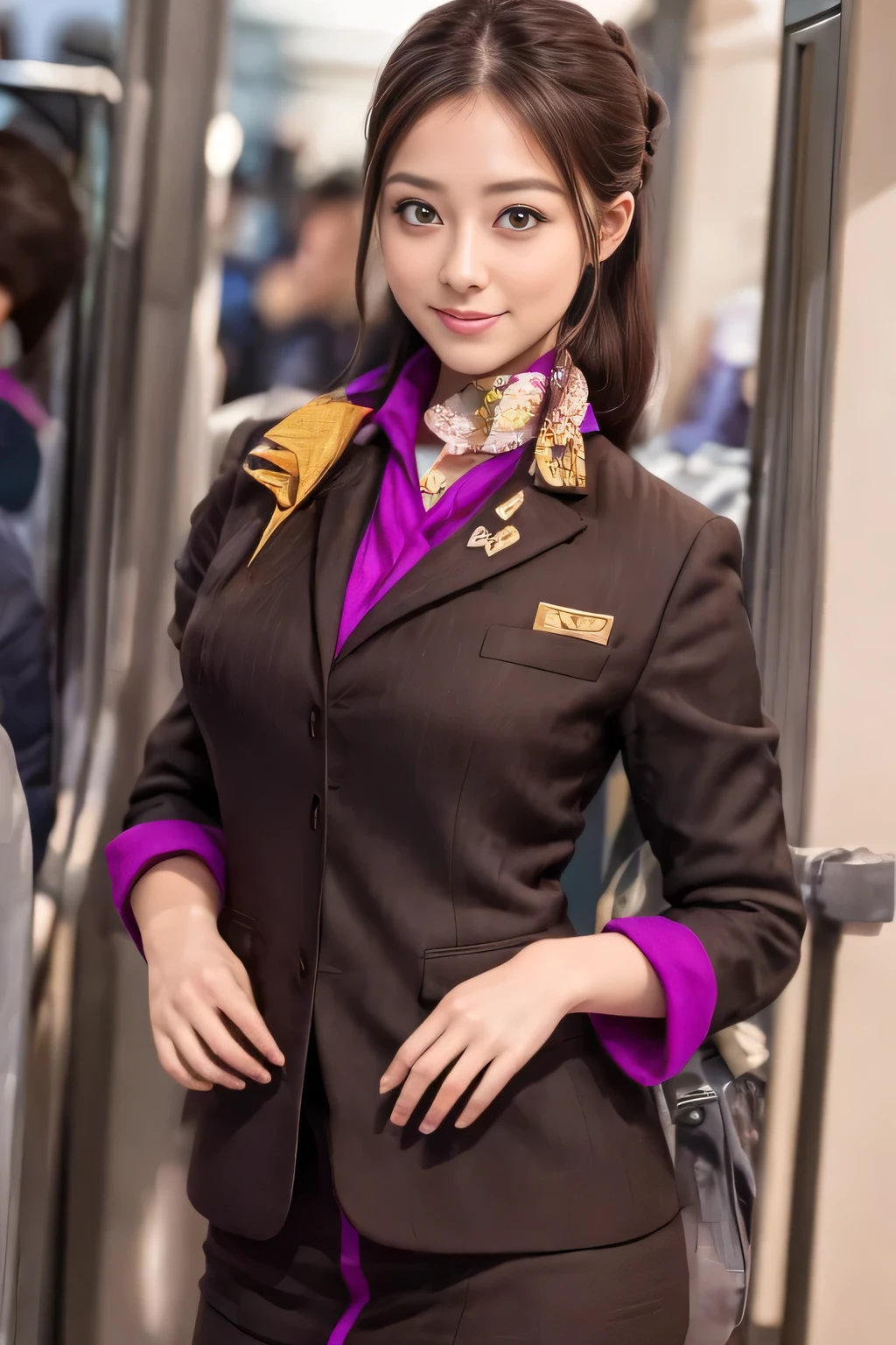 (masterpiece:1.2、highest quality:1.2)、32K HDR、High resolution、(alone、1 girl、Slim figure)、（A realistic reproduction of the ETIHAD Airways Cabincrew Uniform）、 (On board, Professional Lighting)、A proper woman, Beautiful Face,、（Long sleeve ETIHAD Airways Cabincrew Uniform）、（ETIHAD Airways Cabincrew Uniform skirt with purple stripe on the front）、（scarf on chest）、Big Breasts、（Long Hair Up、Hair Bun）、Dark brown hair、Long Shot、（（Great hands：2.0））、（（Harmonious body proportions：1.5））、（（Normal limbs：2.0））、（（Normal finger：2.0））、（（Delicate eyes：2.0））、（（Normal eyes：2.0））)、Beautiful standing posture、smile