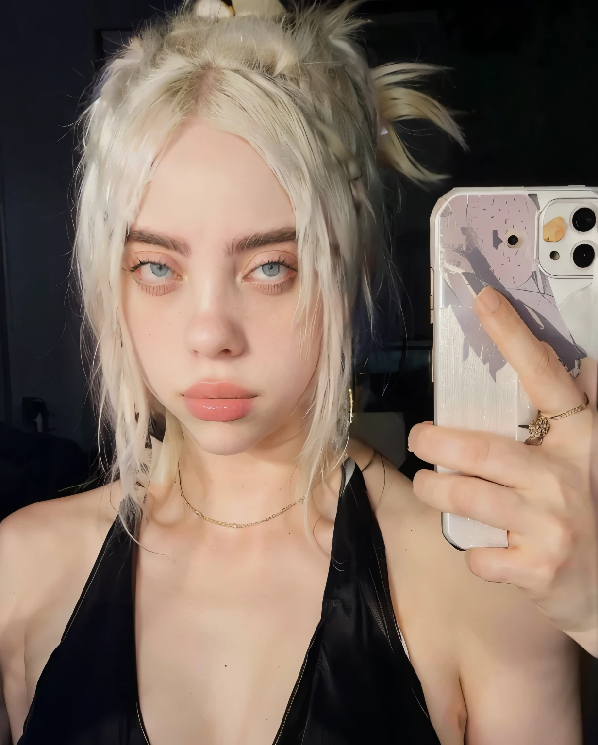 Blond woman with blue eyes and a black top taking a selfie - SeaArt AI