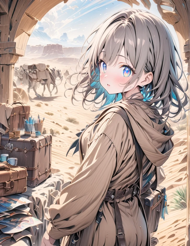 ((style:colored pencil,Pale colors)),(anime)、(masterpiece:1.2),Fantasy World、Traveling Merchant Girl、cute、luggage、traveller、Girl traveling in the desert、The sunlight is dazzling、Brown robe,Gray muffler