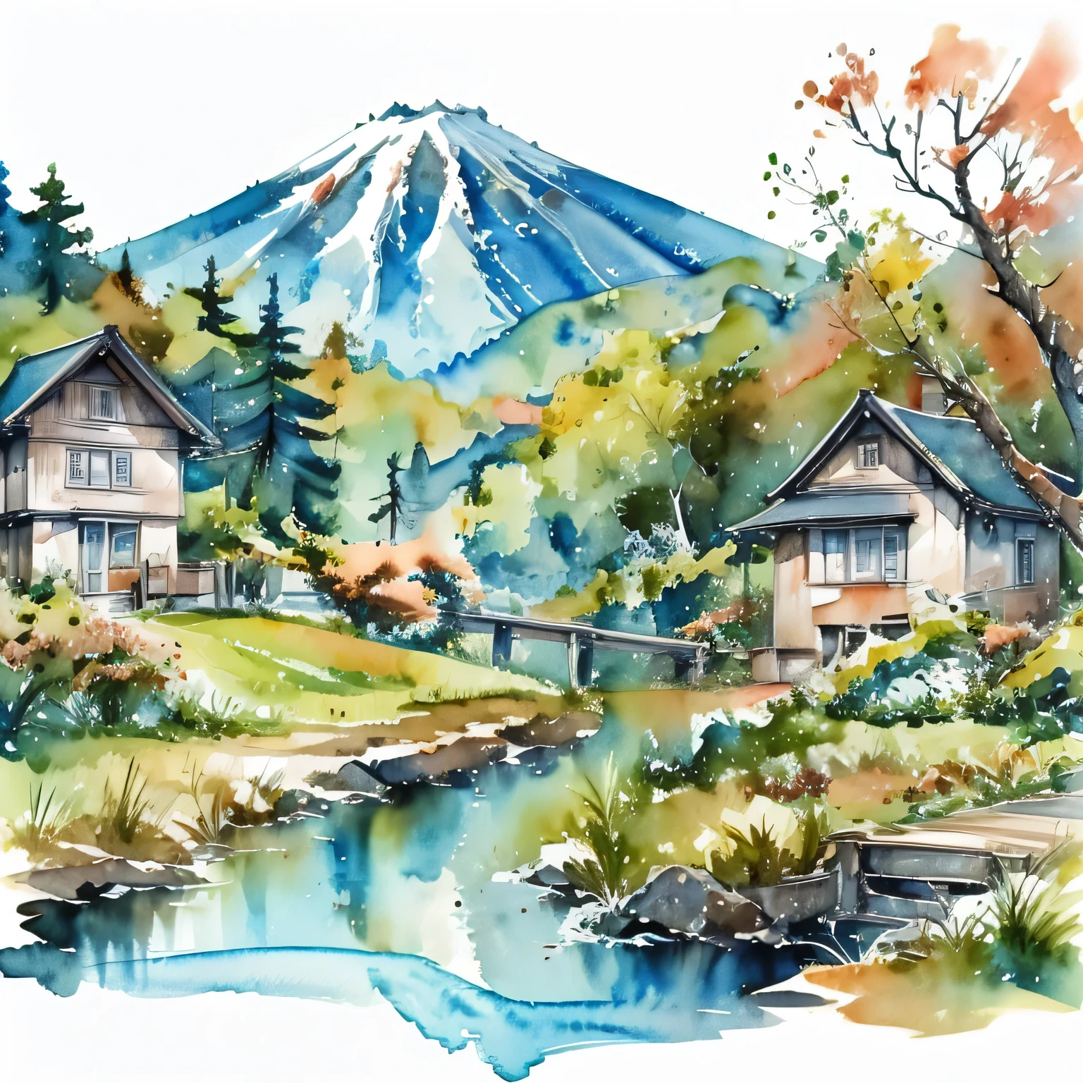 Watercolor Landscape, Scenery of the Japanese countryside,