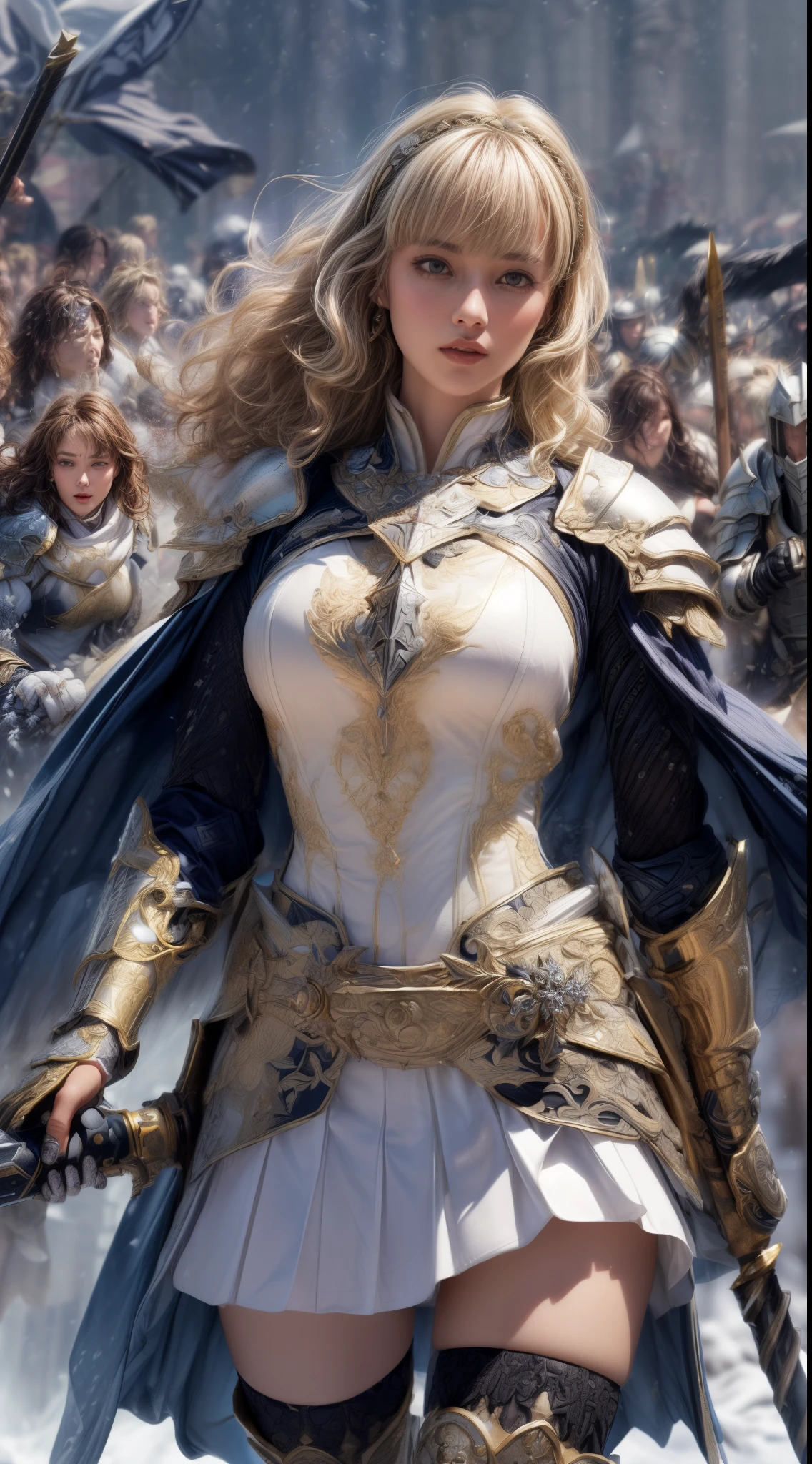 Very beautiful woman、Slender women、(Detailed face)、Realistic Skin、((holy knight)), ((Pearl White Armor))、((((Black armor with very fine and intricate decoration:1.1))))、((Delicate photo))，(Girl Astepeace RAW Photo Details:1.25), (highest quality:1.6), (超A high resolution:1.5), (Realistic:1.75), 8K resolution, Canon EOS R5, 50mm, Absurd, Ultra-detailed,Cinema Lighting,((battlefield))、((battle))、(((White skirt with embellishments)))、Thigh-high socks、Shin Guards、((Blonde))、((Curly Hair))、((Drill Hair))、((Wavy short hair with bangs,))、Get six-pack、Cape、Beautiful Armor、(((Has a huge weapon)))、(In combat)、The wind is blowing、((Symmetrical Armor))、((((Blizzard))))、(((Leading a large group of knights:1.2)))、Banner、