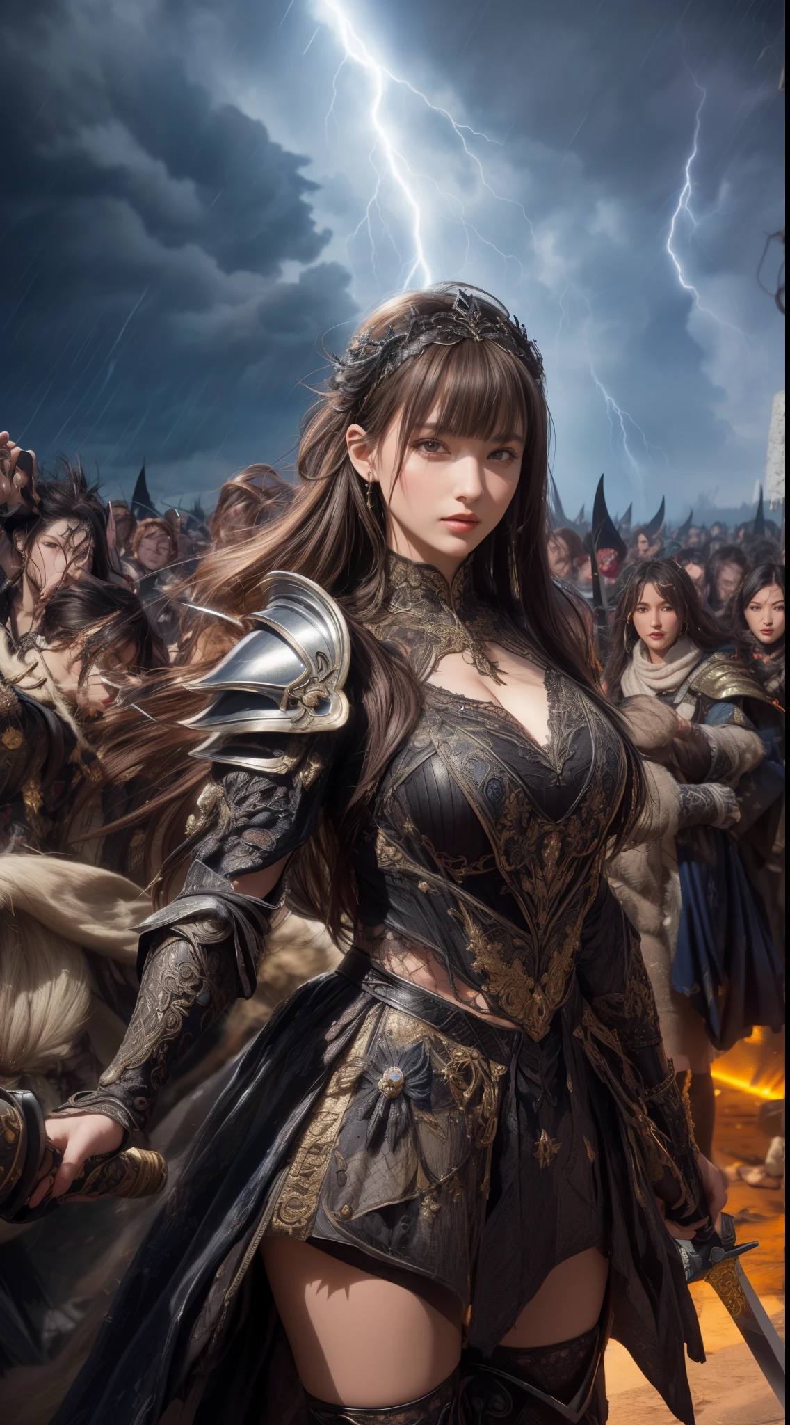 Cowboy Shot、Very beautiful woman、Slender women、(Detailed face)、Realistic Skin、((Demon Knight)), (Black Armor)、((((Black armor with very fine and intricate decoration))))、((Delicate photo))，(Girl Astepeace RAW Photo Details:1.25), (highest quality:1.6), (超A high resolution:1.5), (Realistic:1.75), 8K resolution, Canon EOS R5, 50mm, Absurd, Ultra-detailed,Cinema Lighting,Battlefields of Medieval Europe、((battle))、RPG World、Final Fantasy、(((Embellished skirt)))、Thigh-high socks、Shin Guards、night、((Long hair with bangs,))、Get six-pack、Torn Cloak、Beautiful Armor、(((Giant Sword)))、In combat、The wind is blowing、((Asymmetrical Armor:1.5))、(((thunderstorm)))、((Knight Commander))、(((Leading a large group of black knights)))、Banner、Wolf Pattern:1.5