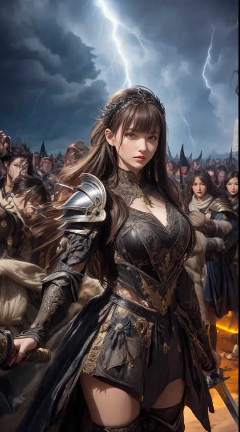 Cowboy Shot、Very beautiful woman、Slender women、(Detailed face)、Realistic Skin、((Demon Knight)), (Black Armor)、((((Black armor wi...