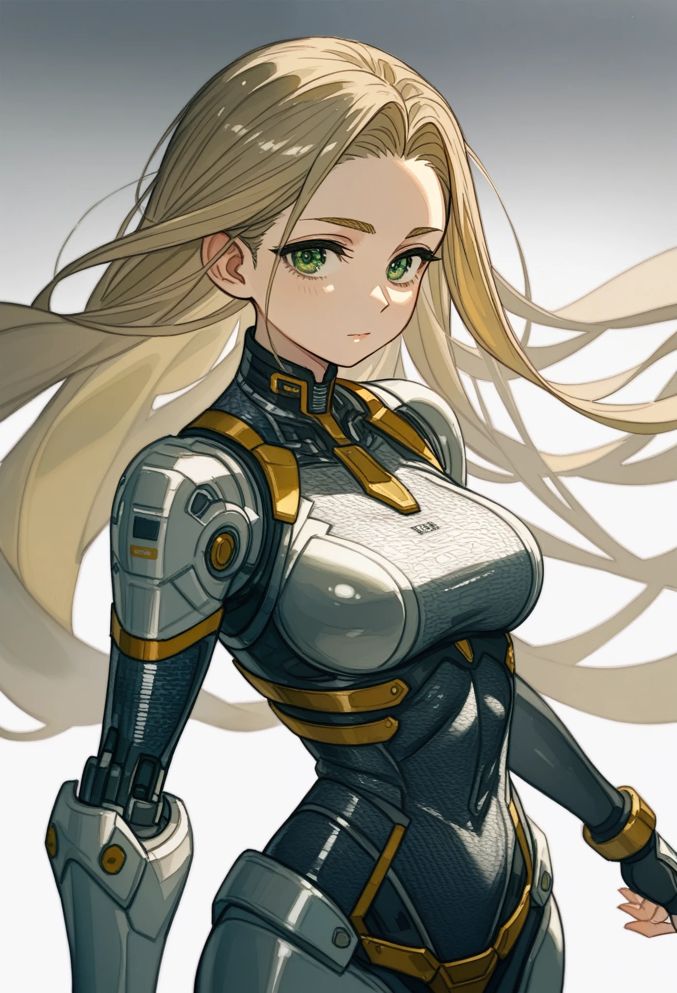 1girl,solo,Sala,original,blonde hair ,green eyes,silver bodysuit,hero bodysuit,metallic clothes,ultra-detailed,sharp focus,aesthetic,(best quality) ,score_9, score_8_up, score_7_up,source_anime,rating_safe,(((watercolor)))