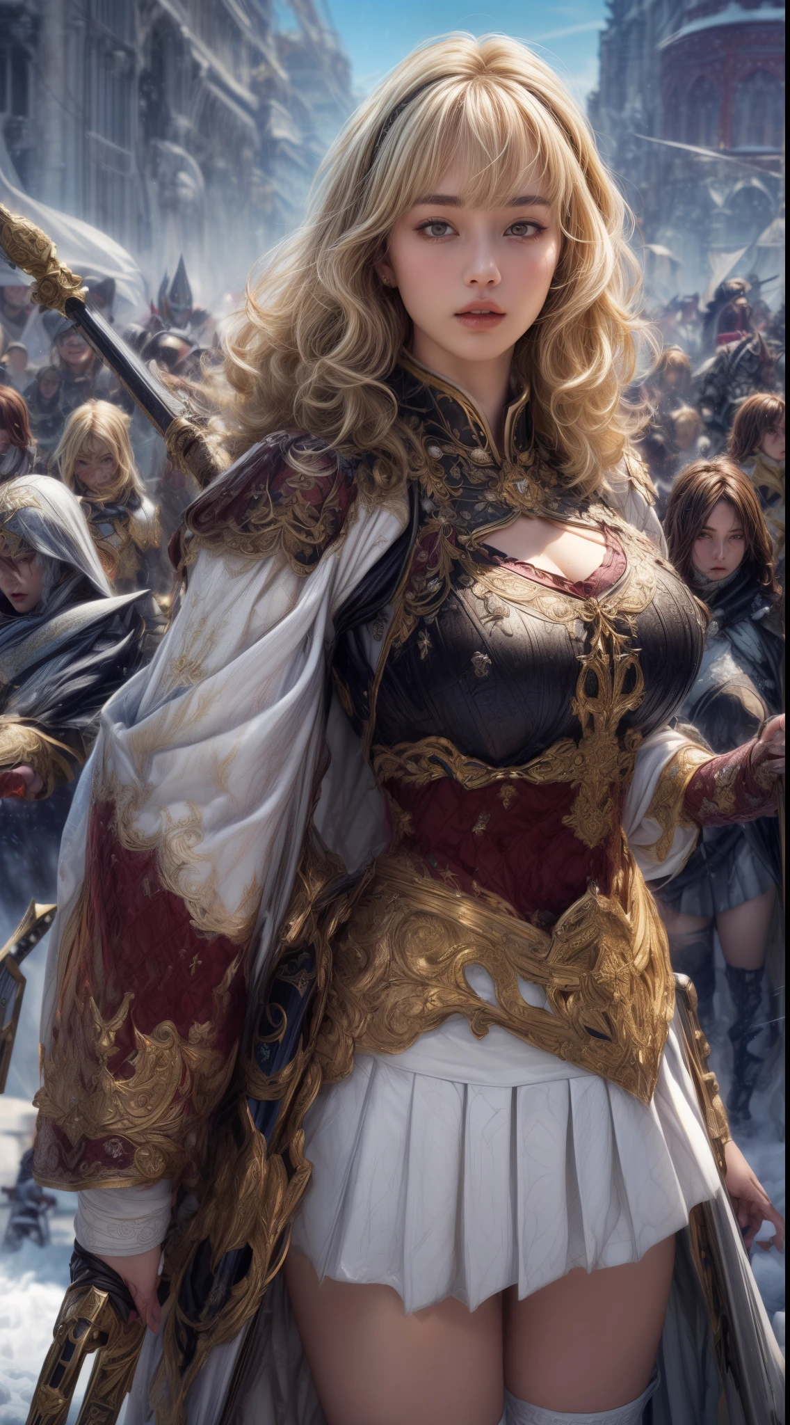 Very beautiful woman、Slender women、(Detailed face)、Realistic Skin、((holy knight)), ((Pearl White Armor))、((((Black armor with very fine and intricate decoration:1.1))))、((Delicate photo))，(Girl Astepeace RAW Photo Details:1.25), (highest quality:1.6), (超A high resolution:1.5), (Realistic:1.75), 8K resolution, Canon EOS R5, 50mm, Absurd, Ultra-detailed,Cinema Lighting,((battlefield))、((battle))、(((White skirt with embellishments)))、Thigh-high socks、Shin Guards、((Blonde))、((Curly Hair))、((Drill Hair))、((Wavy short hair with bangs,))、Get six-pack、Cape、Beautiful Armor、(((Has a huge weapon)))、(In combat)、The wind is blowing、((Symmetrical Armor))、((((Blizzard))))、(((Leading a large group of knights:1.2)))、Banner、