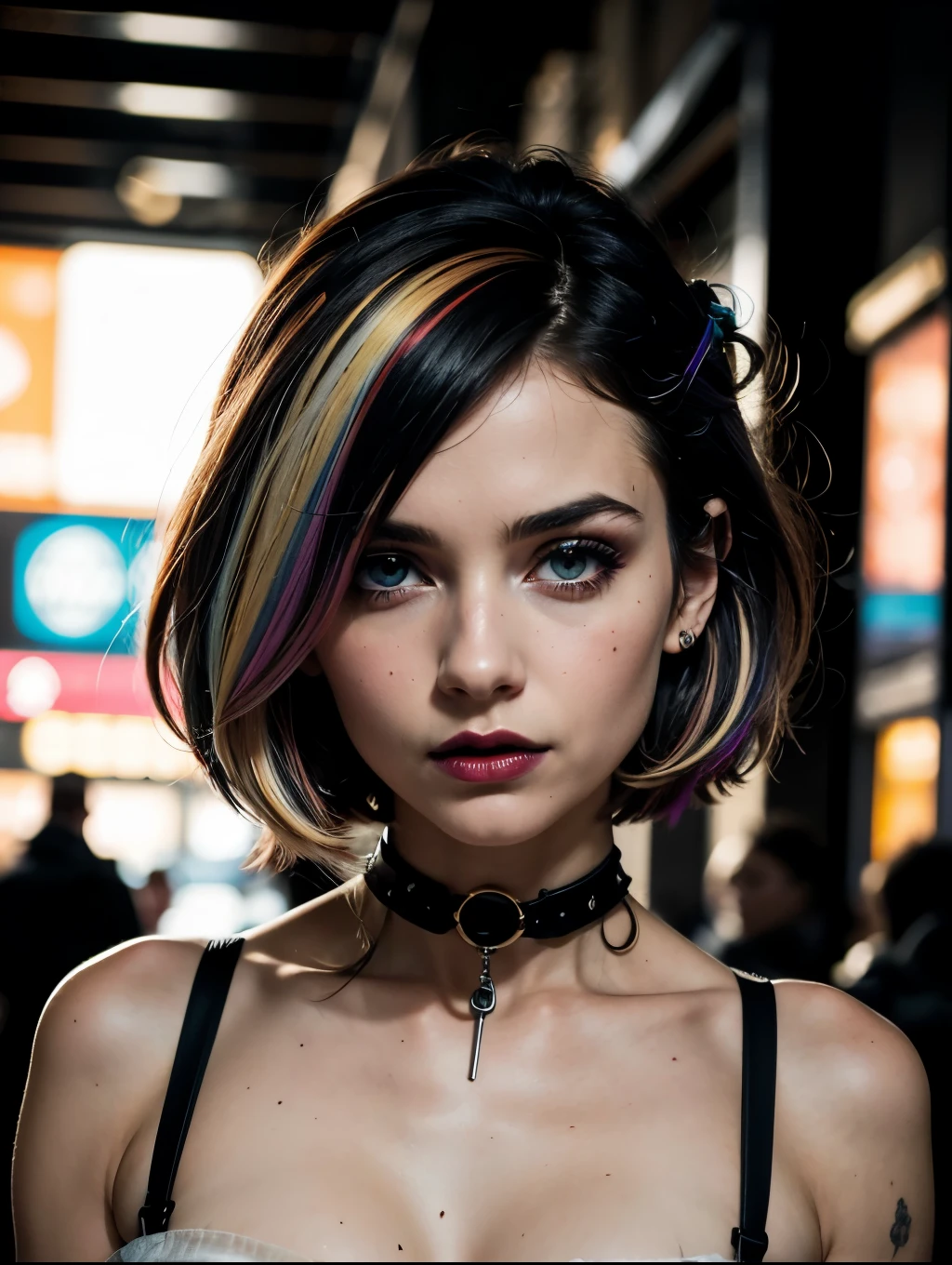 Photo brute, superbe photo dans un style cyberpunk, fermer, fille cyberpunk, cheveux longs multicolores (roses, noirs, blancs), maquillage lumineux, forme d&#39;Athlete, veste de cuir, bracelets sur les bras, Short en cuir, protections sur les bras et les jambes, Nuit, rue, Nuit city,  le clair de lune traverse les cheveux, Photo sombre, regarde le spectateur