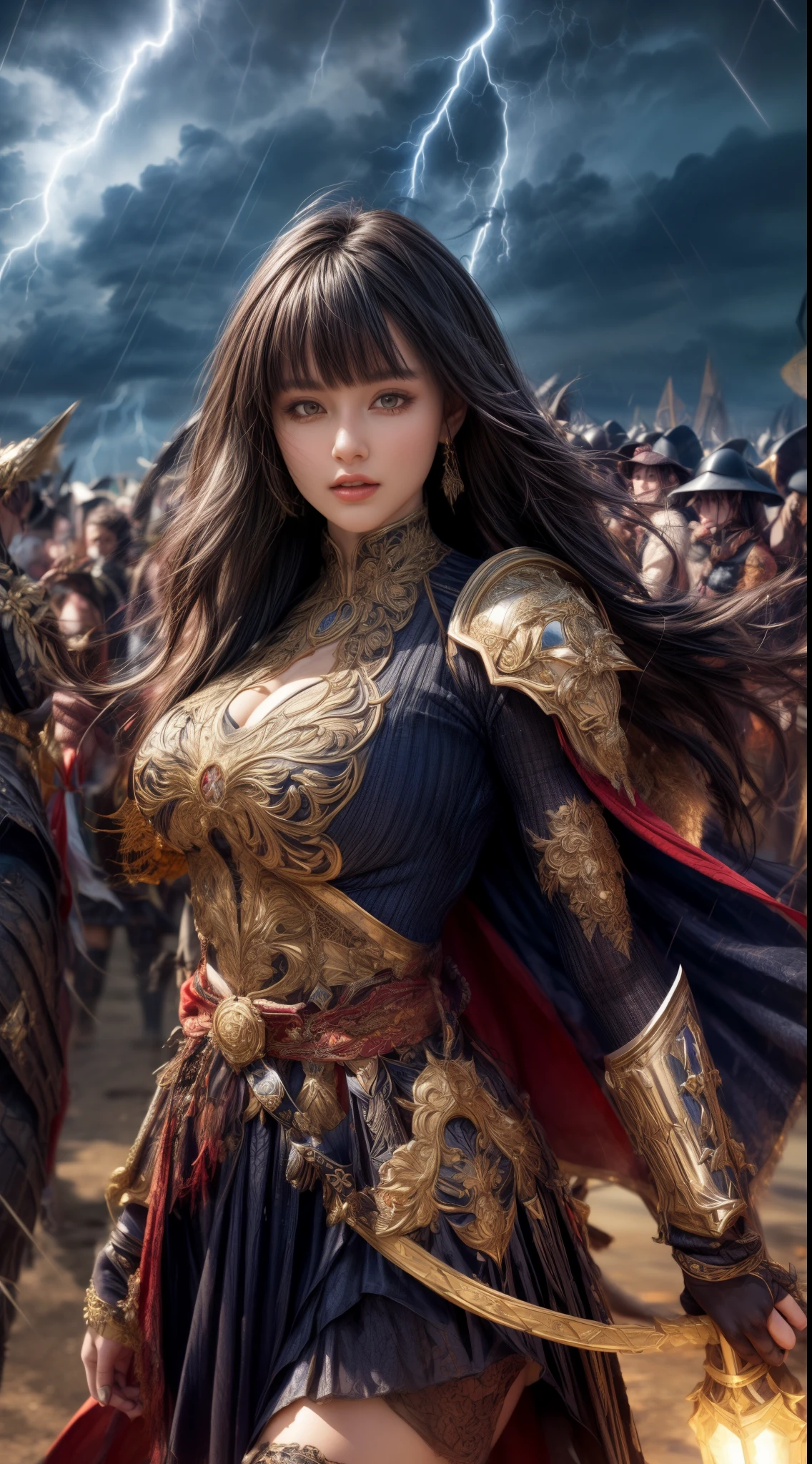 Cowboy Shot、Very beautiful woman、Slender women、(Detailed face)、Realistic Skin、((Demon Knight)), (Black Armor)、((((Black armor with very fine and intricate decoration))))、((Delicate photo))，(Girl Astepeace RAW Photo Details:1.25), (highest quality:1.6), (超A high resolution:1.5), (Realistic:1.75), 8K resolution, Canon EOS R5, 50mm, Absurd, Ultra-detailed,Cinema Lighting,Battlefields of Medieval Europe、((battle))、RPG World、Final Fantasy、(((Embellished skirt)))、Thigh-high socks、Shin Guards、night、((Long hair with bangs,))、Get six-pack、Torn Cloak、Beautiful Armor、(((Giant Sword)))、In combat、The wind is blowing、((Asymmetrical Armor:1.5))、(((thunderstorm)))、((Knight Commander))、(((Leading a large group of black knights)))、Banner、Wolf Pattern:1.5