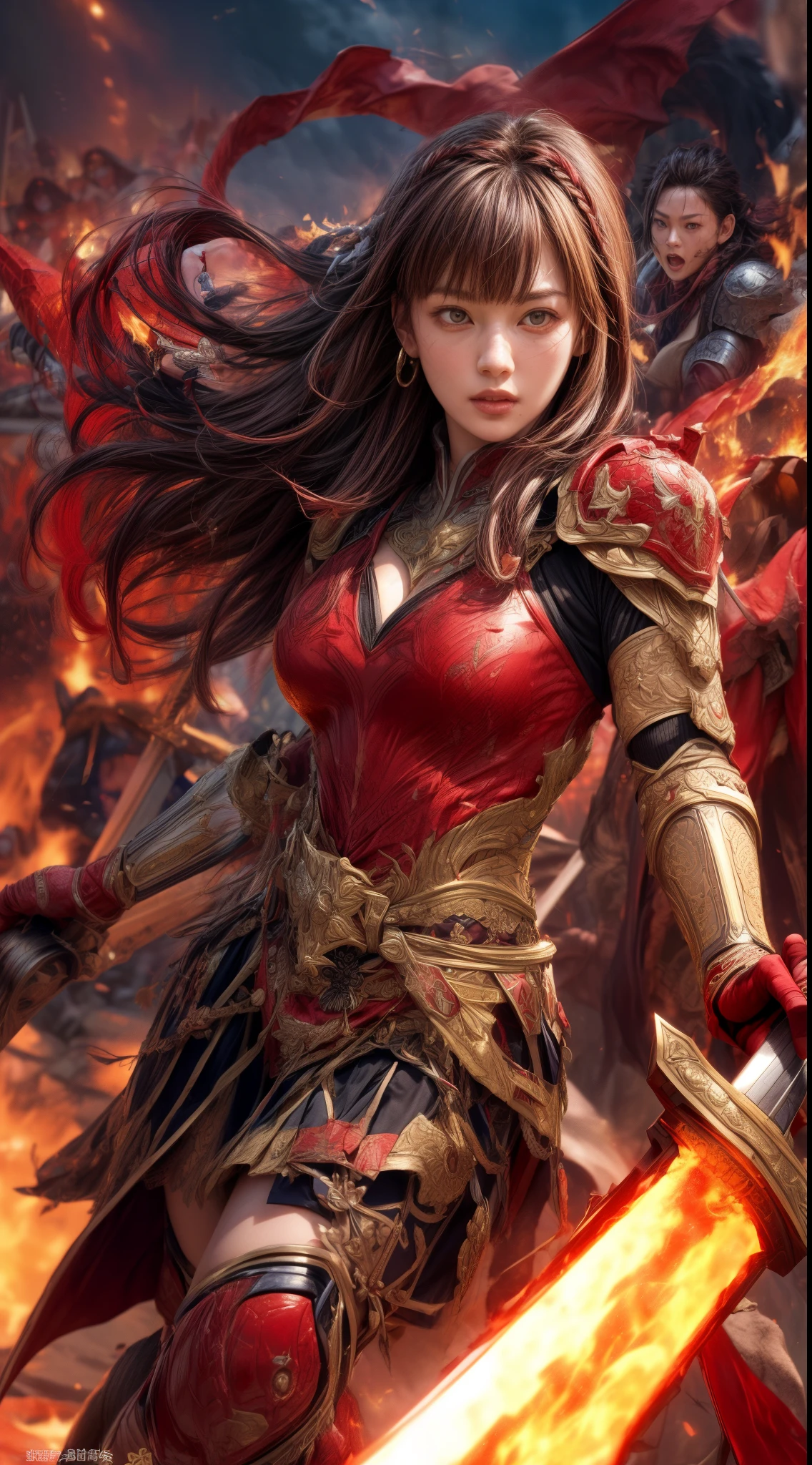 Very beautiful woman、Slender women、(Detailed face)、Realistic Skin、((Knight of Fire)), (((Red Armor:1.25)))、((((Black armor with very fine and intricate decoration))))、((Delicate photo))，(Girl Astepeace RAW Photo Details:1.25), (highest quality:1.6), (超A high resolution:1.5), (Realistic:1.75), 8K resolution, Canon EOS R5, 50mm, Absurd, Ultra-detailed,Cinema Lighting,Battlefields of Medieval Europe、((battle))、RPG World、Final Fantasy、(((Embellished skirt)))、Thigh-high socks、Shin Guards、night、((too long bangs))、((One long thick dark red hair braid))、Get six-pack、Torn Cloak、Beautiful Armor、(((Giant Sword)))、In combat、The wind is blowing、(((Inferno filling the entire area)))、(((Leading a large group of red knights)))、(((Knight Commander)))、Armor with a Phoenix motif、Old scar on right cheek:1.2、((Fire blaze))