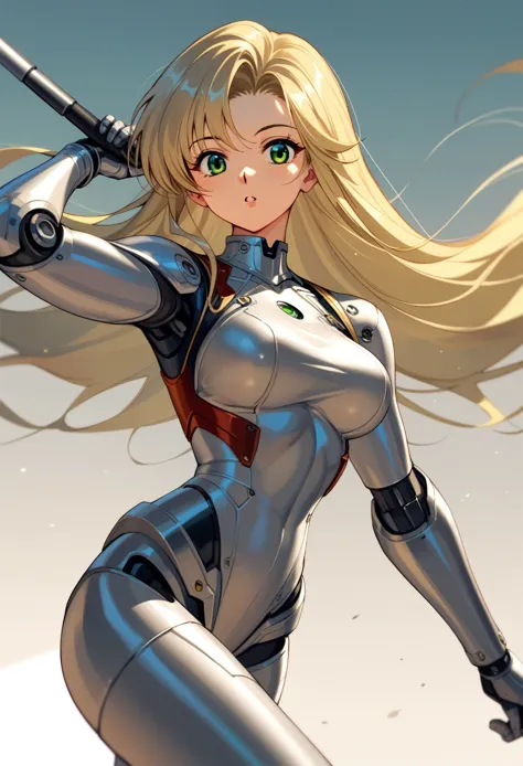 1girl,solo,sala,original,blonde hair ,green eyes,silver bodysuit,hero bodysuit,metallic clothes,ultra-detailed,sharp focus,aesth...