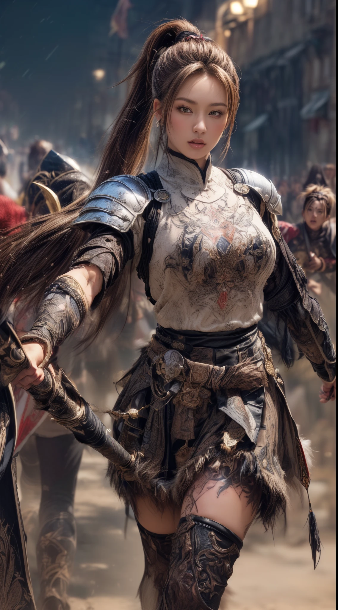 Very beautiful woman、Very tall woman、((muscle))、(Detailed face)、Realistic Skin、((Knights of the Earth)), (((Light brown and black armor:1.25)))、((((Very delicate and decorated light brown and black armor))))、((Delicate photo))，(Girl Astepeace RAW Photo Details:1.25), (highest quality:1.6), (超A high resolution:1.5), (Realistic:1.75), 8K resolution, Canon EOS R5, 50mm, absurdes, Ultra-detailed,Cinema Lighting,Battlefields of Medieval Europe、((battle))、RPG World、Final Fantasy、(((Embellished skirt)))、Thigh-high socks、Shin Guards、night、((((Messy center parted high ponytail))))、((Get six-pack))、Torn Cloak、((Beautiful Armor))、(((Huge weapons)))、In combat、The wind is blowing、(((Leading a large group of knights:1.3)))、(((Knight Commander)))、(Banner)、Great Ape Emblem、(((Light brown as the main color)))、(((black tribal tattoo)))、Dust、(Wearing fur)、(Rocky area)