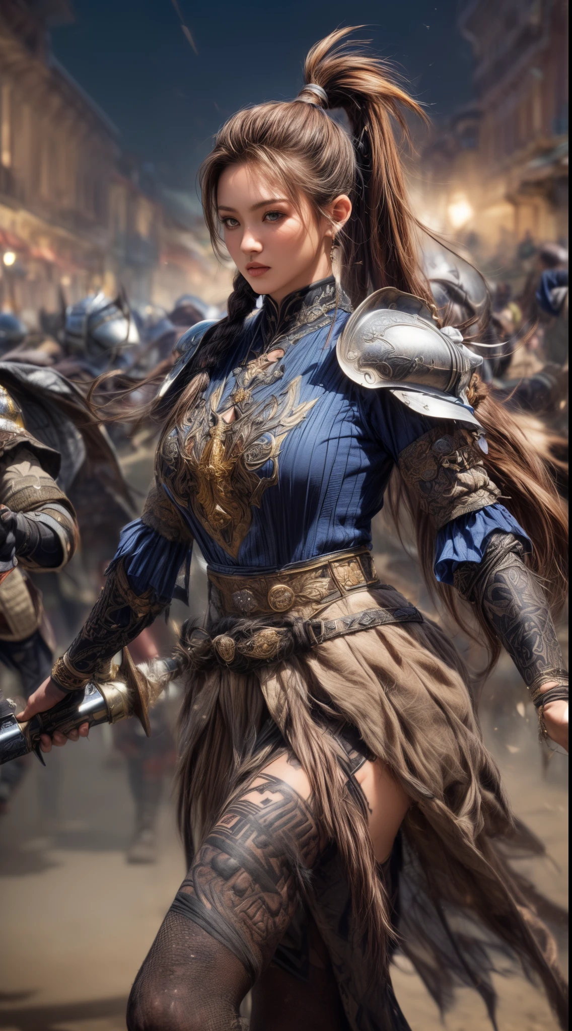 Very beautiful woman、Very tall woman、((muscle))、(Detailed face)、Realistic Skin、((Knights of the Earth)), (((Light brown and black armor:1.25)))、((((Very delicate and decorated light brown and black armor))))、((Delicate photo))，(Girl Astepeace RAW Photo Details:1.25), (highest quality:1.6), (超A high resolution:1.5), (Realistic:1.75), 8K resolution, Canon EOS R5, 50mm, absurdes, Ultra-detailed,Cinema Lighting,Battlefields of Medieval Europe、((battle))、RPG World、Final Fantasy、(((Embellished skirt)))、Thigh-high socks、Shin Guards、night、((((Messy center parted high ponytail))))、((Get six-pack))、Torn Cloak、((Beautiful Armor))、(((Huge weapons)))、In combat、The wind is blowing、(((Leading a large group of knights:1.3)))、(((Knight Commander)))、(Banner)、Great Ape Emblem、(((Light brown as the main color)))、(((black tribal tattoo)))、Dust、(Wearing fur)、(Rocky area)