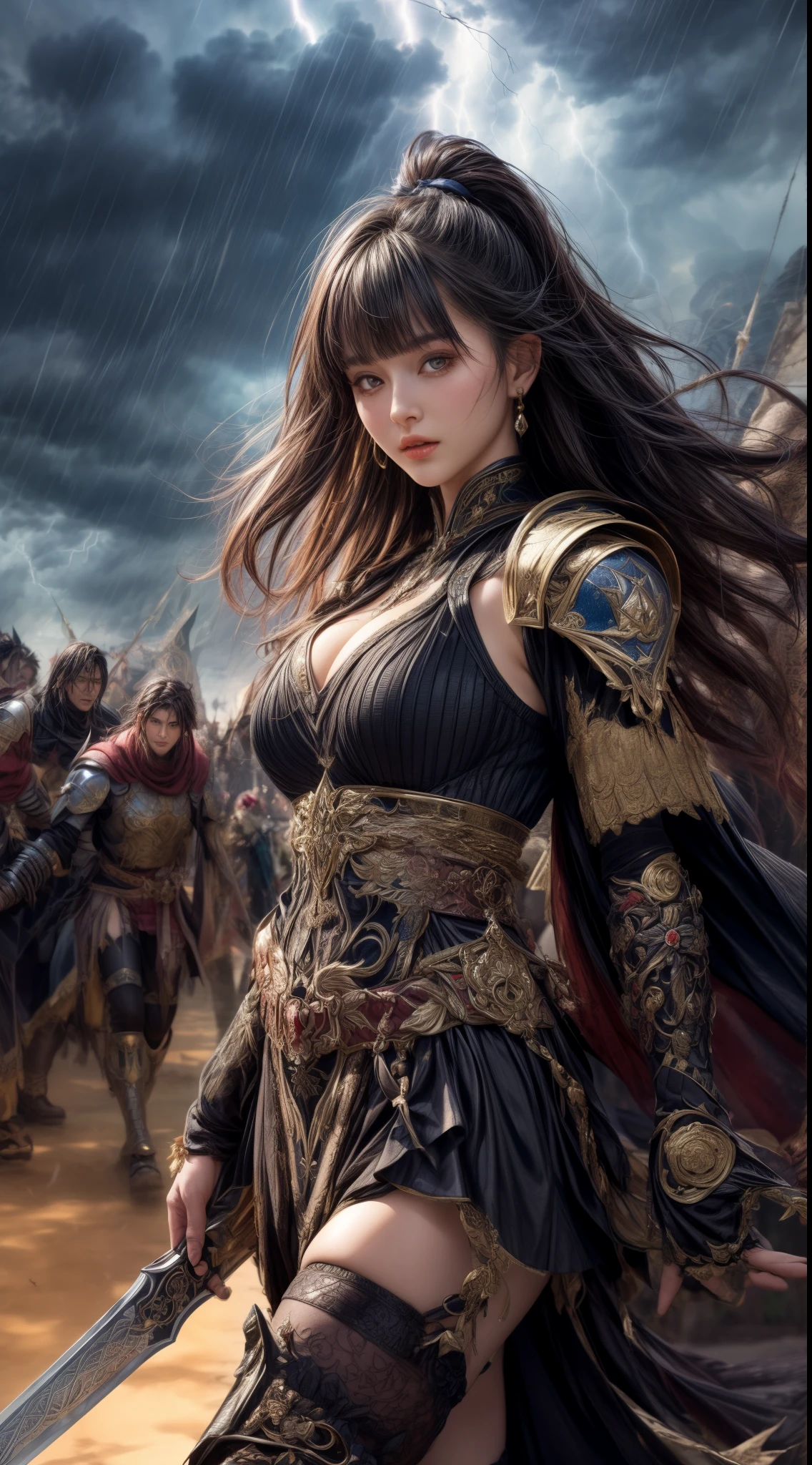 Cowboy Shot、Very beautiful woman、Slender women、(Detailed face)、Realistic Skin、((Demon Knight)), (Black Armor)、((((Black armor with very fine and intricate decoration))))、((Delicate photo))，(Girl Astepeace RAW Photo Details:1.25), (highest quality:1.6), (超A high resolution:1.5), (Realistic:1.75), 8K resolution, Canon EOS R5, 50mm, Absurd, Ultra-detailed,Cinema Lighting,Battlefields of Medieval Europe、((battle))、RPG World、Final Fantasy、(((Embellished skirt)))、Thigh-high socks、Shin Guards、night、((Long hair with bangs,))、Get six-pack、Torn Cloak、Beautiful Armor、(((Giant Sword)))、In combat、The wind is blowing、((Asymmetrical Armor:1.5))、(((thunderstorm)))、((Knight Commander))、(((Leading a large group of black knights)))、Banner、Wolf Pattern:1.5