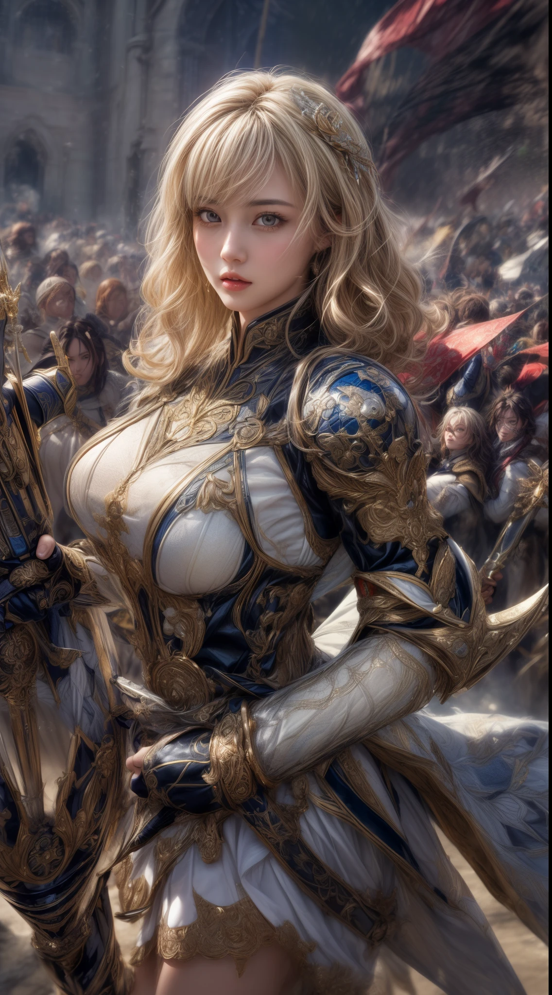 Very beautiful woman、Slender women、(Detailed face)、Realistic Skin、((holy knight)), ((Pearl White Armor))、((((Black armor with very fine and intricate decoration:1.1))))、((Delicate photo))，(Girl Astepeace RAW Photo Details:1.25), (highest quality:1.6), (超A high resolution:1.5), (Realistic:1.75), 8K resolution, Canon EOS R5, 50mm, Absurd, Ultra-detailed,Cinema Lighting,((battlefield))、((battle))、(((White skirt with embellishments)))、Thigh-high socks、Shin Guards、((Blonde))、((Curly Hair))、((Drill Hair))、((Wavy short hair with bangs,))、Get six-pack、Cape、Beautiful Armor、(((Has a huge weapon)))、(In combat)、The wind is blowing、((Symmetrical Armor))、((((Blizzard))))、(((Leading a large group of knights:1.2)))、Banner、Armor inspired by the ice goddess