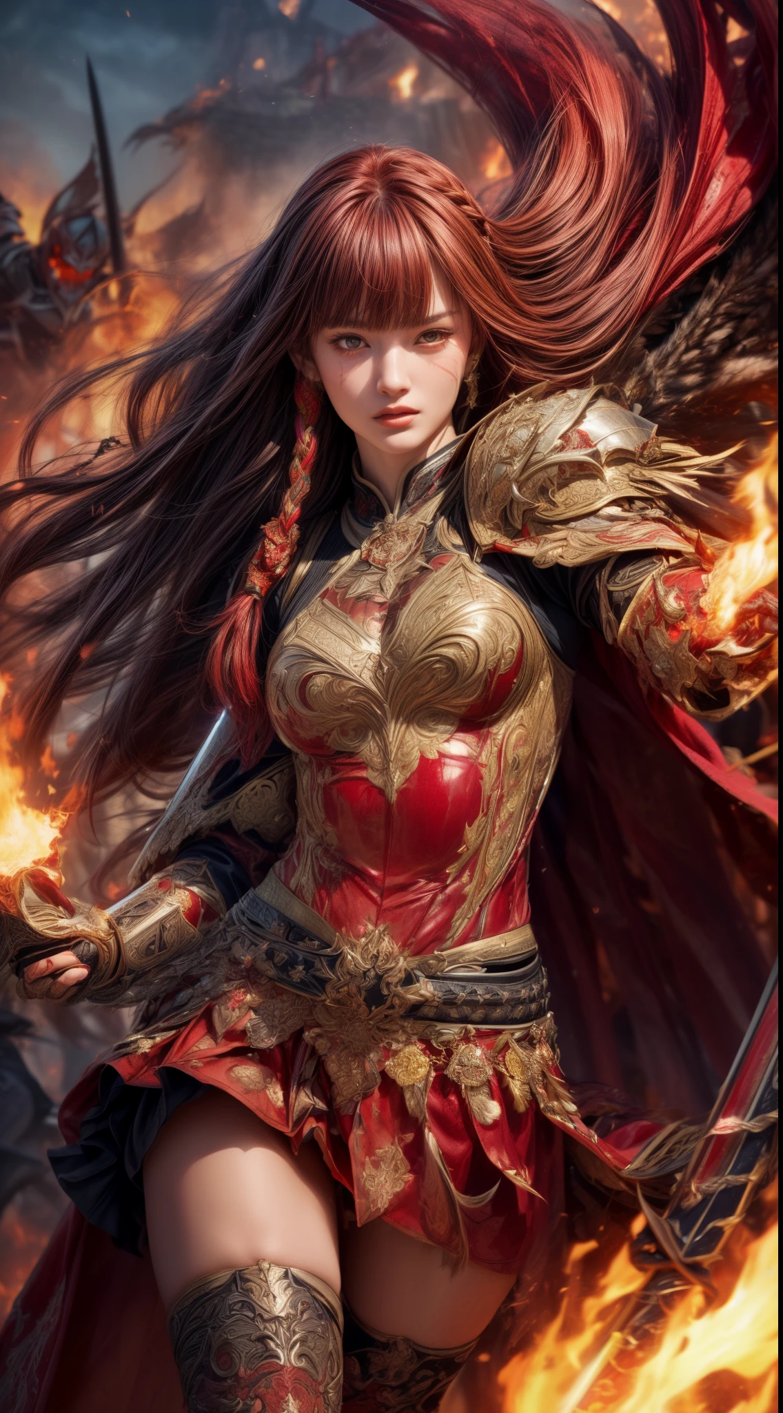 Very beautiful woman、Slender women、(Detailed face)、Realistic Skin、((Knight of Fire)), (((Red Armor:1.25)))、((((Black armor with very fine and intricate decoration))))、((Delicate photo))，(Girl Astepeace RAW Photo Details:1.25), (highest quality:1.6), (超A high resolution:1.5), (Realistic:1.75), 8K resolution, Canon EOS R5, 50mm, Absurd, Ultra-detailed,Cinema Lighting,Battlefields of Medieval Europe、((battle))、RPG World、Final Fantasy、(((Embellished skirt)))、Thigh-high socks、Shin Guards、night、((too long bangs))、((One long thick dark red hair braid))、Get six-pack、Torn Cloak、Beautiful Armor、(((Giant Sword)))、In combat、The wind is blowing、(((Inferno filling the entire area)))、(((Leading a large group of red knights)))、(((Knight Commander)))、Armor with a Phoenix motif、Old scar on right cheek:1.2、((Fire blaze))