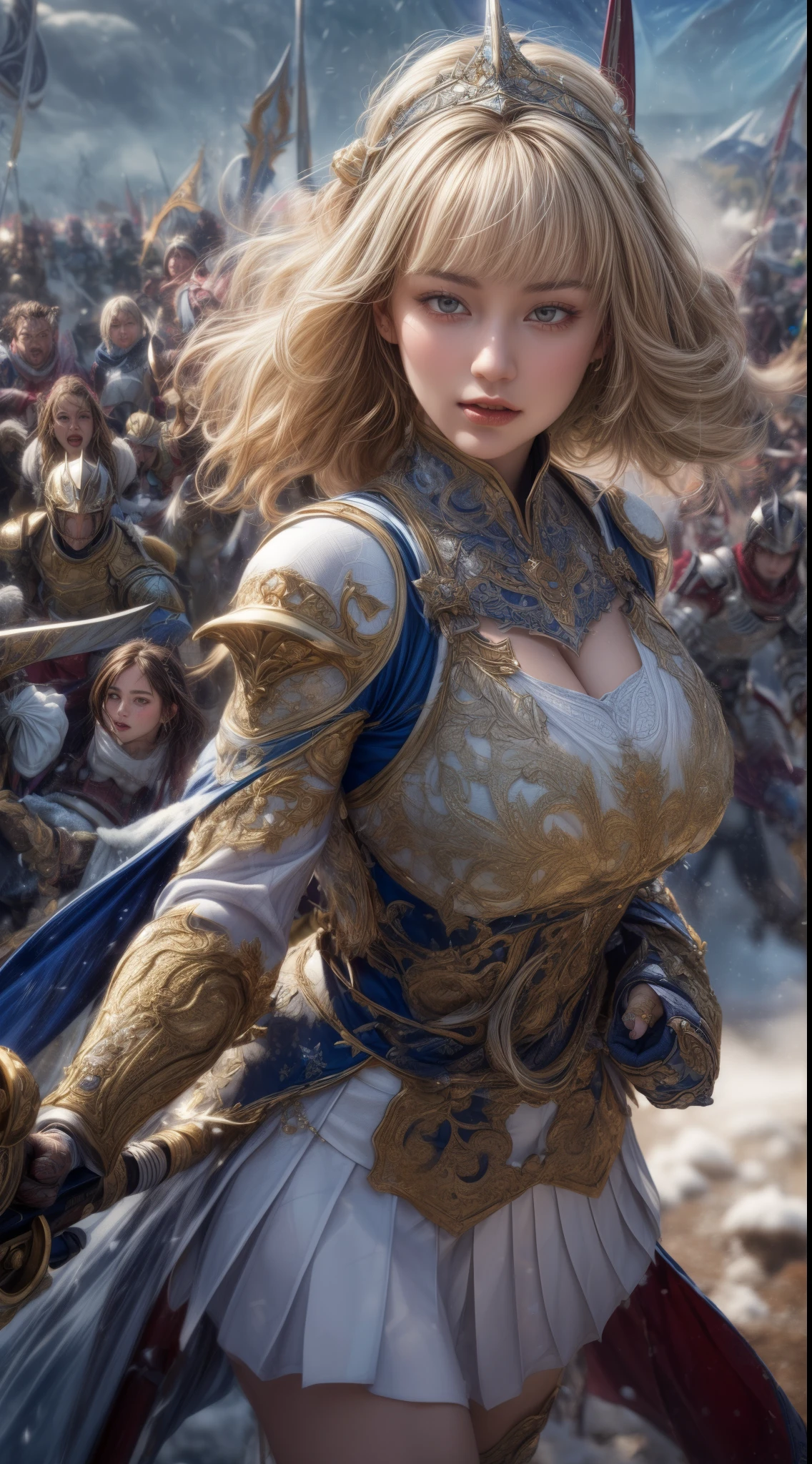 Very beautiful woman、Slender women、(Detailed face)、Realistic Skin、((holy knight)), ((Pearl White Armor))、((((Black armor with very fine and intricate decoration:1.1))))、((Delicate photo))，(Girl Astepeace RAW Photo Details:1.25), (highest quality:1.6), (超A high resolution:1.5), (Realistic:1.75), 8K resolution, Canon EOS R5, 50mm, Absurd, Ultra-detailed,Cinema Lighting,((battlefield))、((battle))、(((White skirt with embellishments)))、Thigh-high socks、Shin Guards、((Blonde))、((Curly Hair))、((Drill Hair))、((Wavy short hair with bangs,))、Get six-pack、Cape、Beautiful Armor、(((Has a huge weapon)))、(In combat)、The wind is blowing、((Symmetrical Armor))、((((Blizzard))))、(((Leading a large group of knights:1.2)))、Banner、Armor inspired by the ice goddess