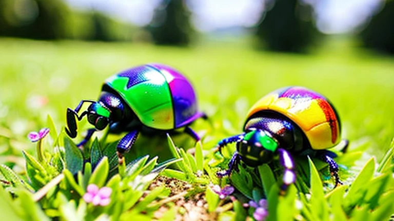 Children playing with beautiful beetles in the grassland、Children playing with beautiful beetles in the grassland、Colorful Mushiking