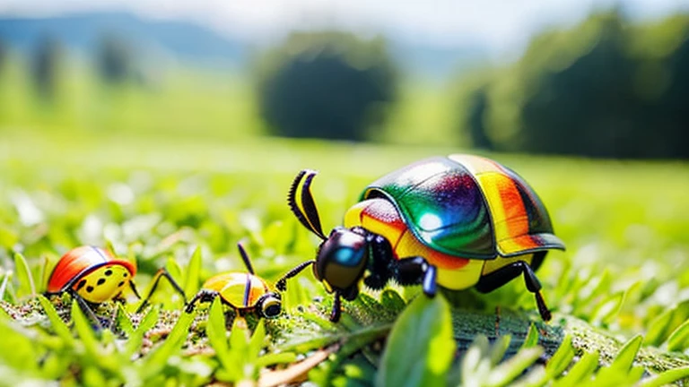 Children playing with beautiful beetles in the grassland、Children playing with beautiful beetles in the grassland、Colorful Mushiking