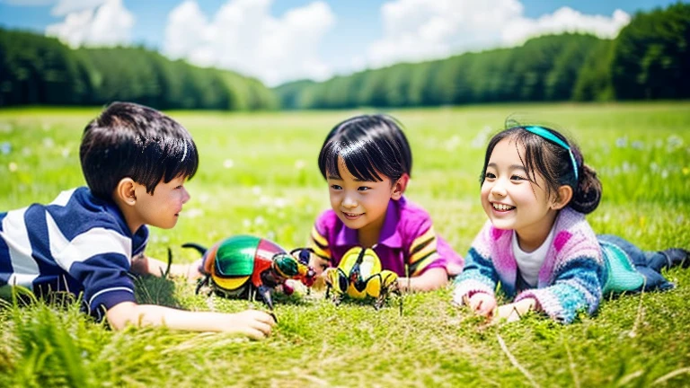Children playing with beautiful beetles in the grassland、Children playing with beautiful beetles in the grassland、Colorful Mushiking