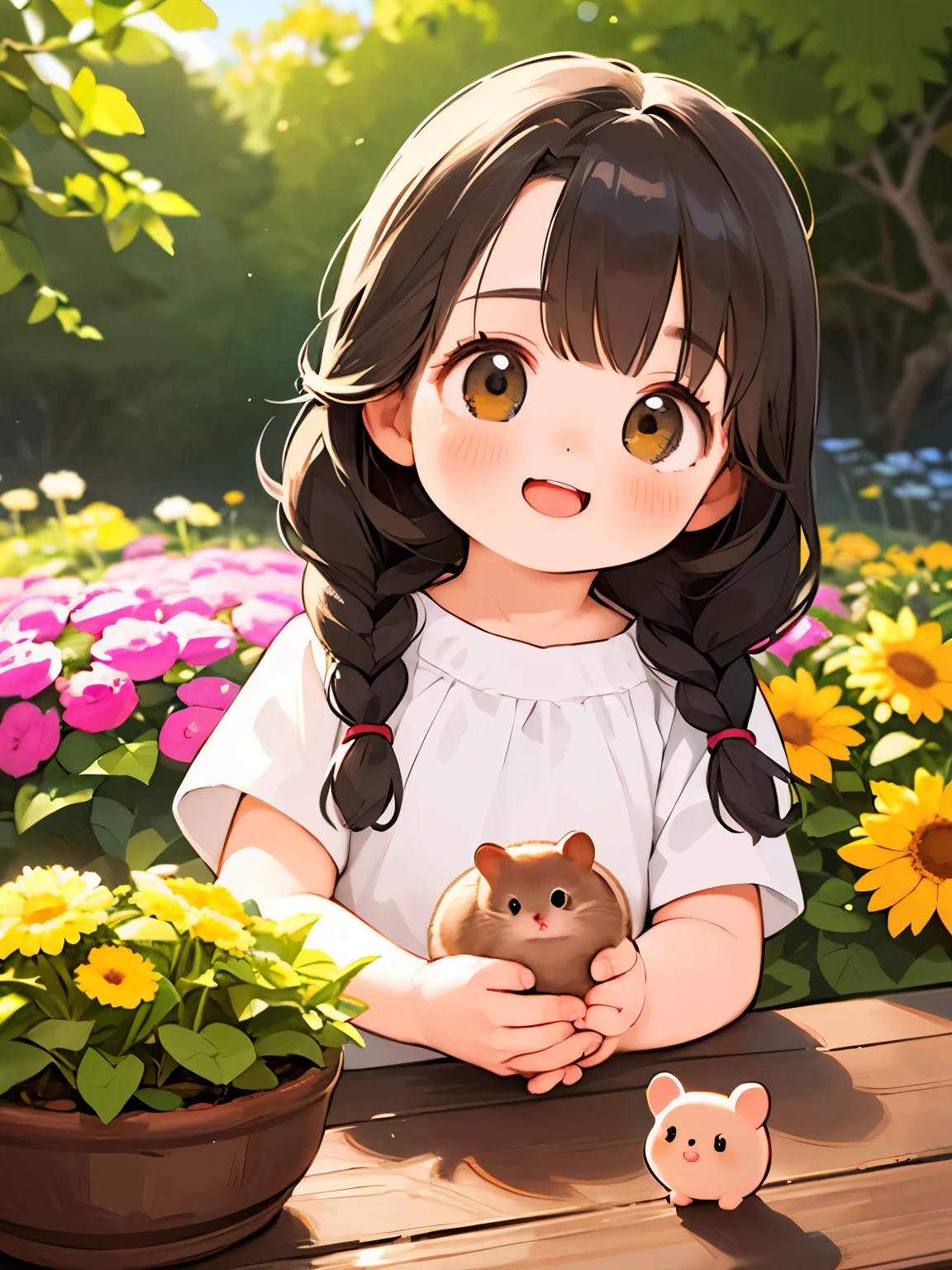 (highest quality,4K,8k,High resolution,masterpiece:1.2), Very detailed, (Deformed, Realistic, Realistic:1.3)，One Girl，cute，Very short stature，，Laughing happily, Brown eyes，length, fluffy, Black hair braids，White Dress，Holding a hamster，The hamster is much bigger than the girl..，This hamster is a Roborovski hamster..，ハムスターはfluffy，Spring background is a country house garden，