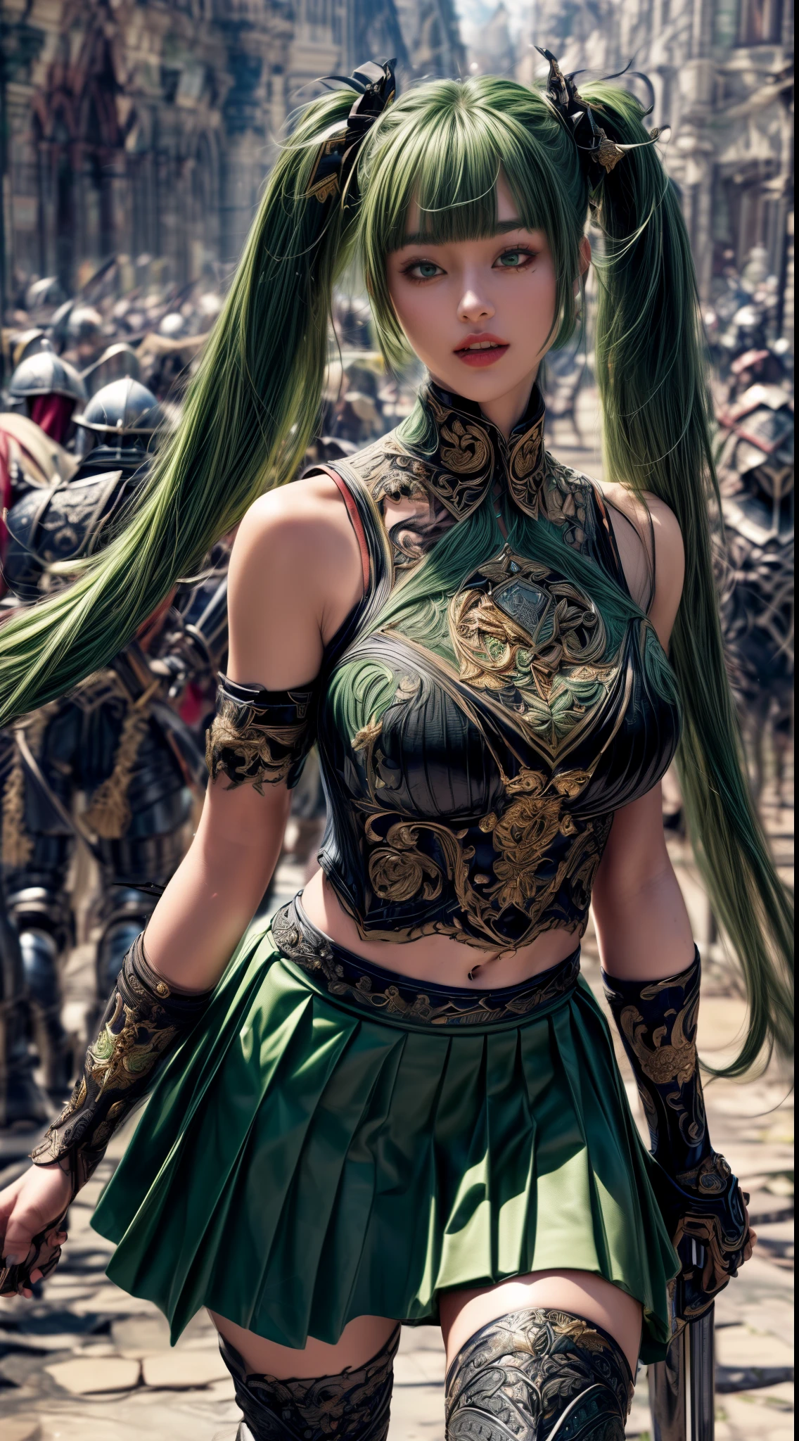 Very beautiful girl、laughing、Slender、(((low length)))、(Detailed face)、Realistic Skin、((holy knight)), ((Dark Green Armor))、((((Black armor with very fine and intricate decoration:1.1))))、((Delicate photo))，(Girl Astepeace RAW Photo Details:1.25), (highest quality:1.6), (超A high resolution:1.5), (Realistic:1.75), 8K resolution, Canon EOS R5, 50mm, Absurd, Ultra-detailed,Cinema Lighting,((battlefield))、((battle))、(((Decorative green skirt)))、Thigh-high socks、Shin Guards、((Dark green hair))、((Twin tails))、((Hairstyle with bangs))、Get six-pack、Cape、Beautiful Armor、(((Has a huge weapon)))、(In combat)、The wind is blowing、((Symmetrical Armor))、((((tornado))))、(((Leading a large group of knights:1.2)))、Banner、Lion-themed armor