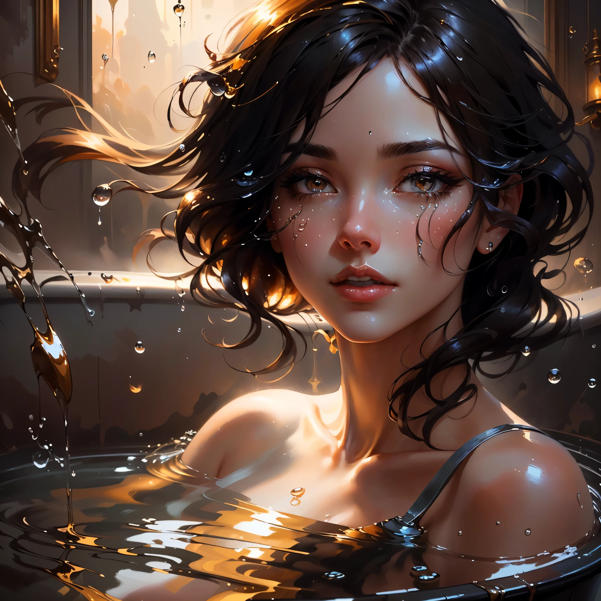 a close up of a woman in a bathtub with water droplets, golden water droplets, oil painting, brush strokes, beautiful detailed painting 4k, beautiful art uhd 4k, glossy digital painting, gorgeous digital painting, stunning digital illustration