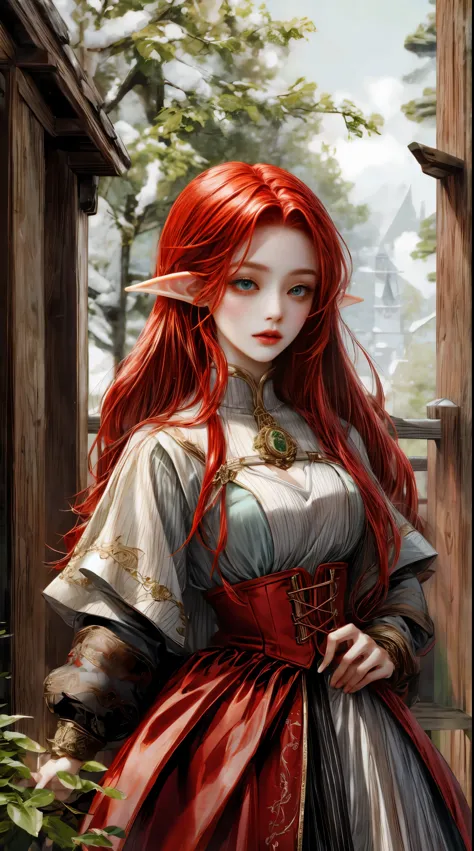 masterpiece elf girl red hair, medieval oufit dynamic pose ,dynamic expression , beautiful eyes,detailed eyes