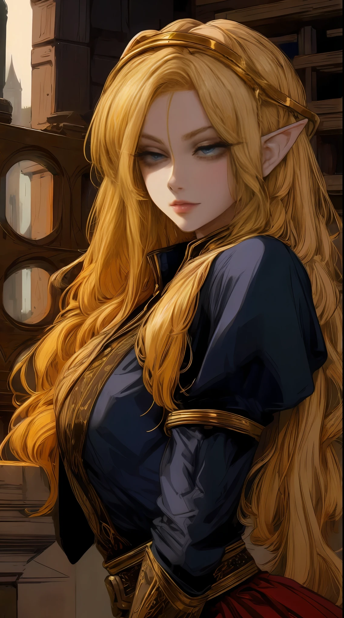 Шедевр девушки-эльфа с золотыми волосами, средневековый наряд, динамичная поза ,динамическое выражение , Красивые глаза,подробные глаза, Хуже некуда
