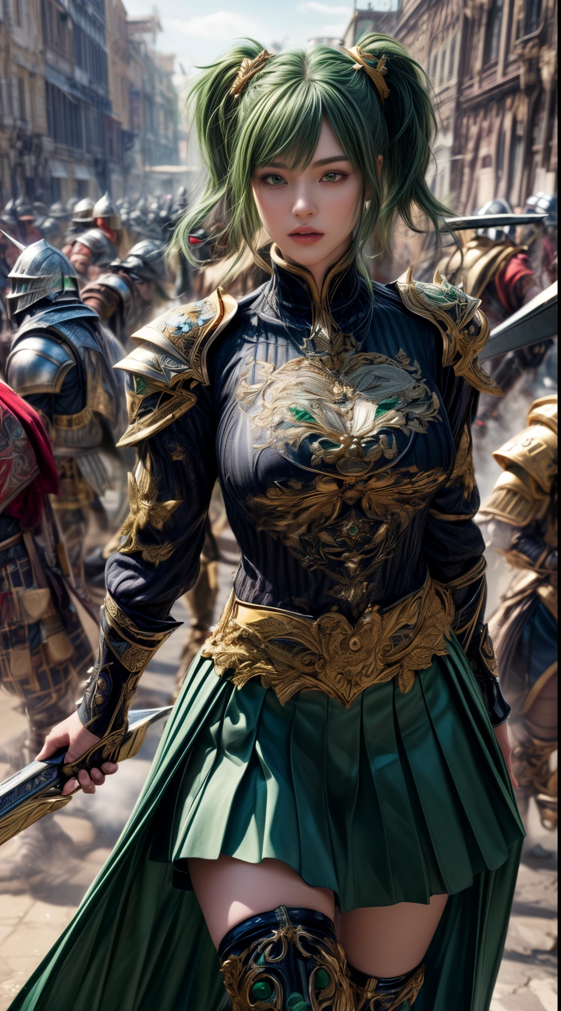 Very beautiful girl、、Slender、(((low length)))、(Detailed face)、Realistic Skin、((holy knight)), ((Dark Green Armor))、((((Black armor with very fine and intricate decoration:1.1))))、((Delicate photo))，(Girl Astepeace RAW Photo Details:1.25), (highest quality:1.6), (超A high resolution:1.5), (Realistic:1.75), 8K resolution, Canon EOS R5, 50mm, Absurd, Ultra-detailed,Cinema Lighting,((battlefield))、((battle))、(((Decorative green skirt)))、Thigh-high socks、Shin Guards、((Dark green hair))、((Low Twintails))、((Hairstyle with bangulticolored Hair))、Get six-pack、Cape、Beautiful Armor、(((Has a huge weapon)))、(In combat)、The wind is blowing、((Symmetrical Armor))、((((tornado))))、(((Leading a large group of knights:1.2)))、Banner、Lion-themed armor、(((Intense battle scenes)))