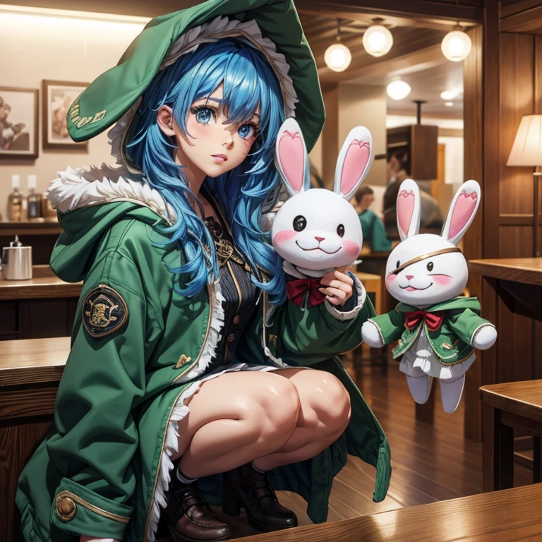 Masterpiece, best quality, 8K wallpaper, HDR, octane rendering. A girl, Yoshino, Green coat, animal hood, shoes, BREAK hand puppet, rabbit puppet, eye patch, stuffed animal, stuffed toy, BREAK snack bar, sweets, beautiful detailed scenery, the girl has (messy hair over the shoulder, medium blue hair), (hair color: 1.4), (beautiful and detailed face with perfect symmetry), (beautiful and detailed blue eyes: 1.2), blush, (smooth lips, teeth: 1, 2), (body with perfect anatomy, perfect natural texture, high details, glowing skin), cinematic lighting, vivid colors, detailed illustration, depth of field