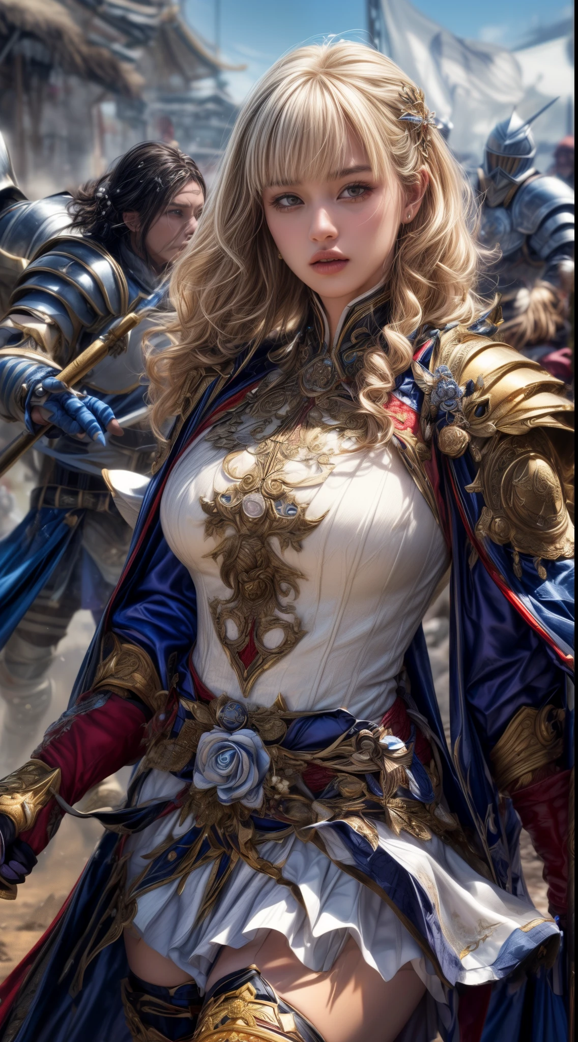 Very beautiful woman、Slender women、(Detailed face)、Realistic Skin、((holy knight)), ((Pearl White Armor))、((((Black armor with very fine and intricate decoration:1.1))))、((Delicate photo))，(Girl Astepeace RAW Photo Details:1.25), (highest quality:1.6), (超A high resolution:1.5), (Realistic:1.75), 8K resolution, Canon EOS R5, 50mm, Absurd, Ultra-detailed,Cinema Lighting,((battlefield))、((battle))、(((White skirt with embellishments)))、Thigh-high socks、Shin Guards、((Blonde))、((Curly Hair))、((Drill Hair))、((Wavy short hair with bangs,))、Get six-pack、Cape、Beautiful Armor、(((Has a huge weapon)))、(In combat)、The wind is blowing、((Symmetrical Armor))、((((Blizzard))))、(((Leading a large group of knights:1.2)))、Banner、Ice-themed armor、(((Intense battle scenes)))