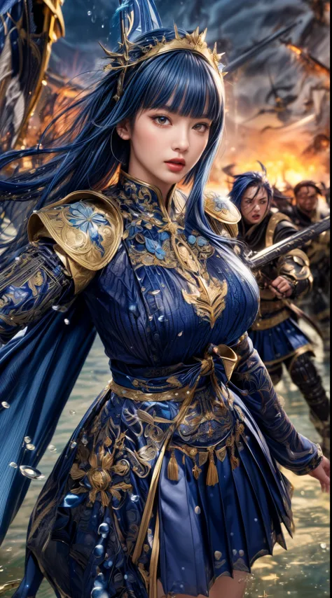 Very beautiful woman、Slender women、(Detailed face)、Realistic Skin、((holy knight)), ((Navy Blue Armor))、((((Black armor with very...