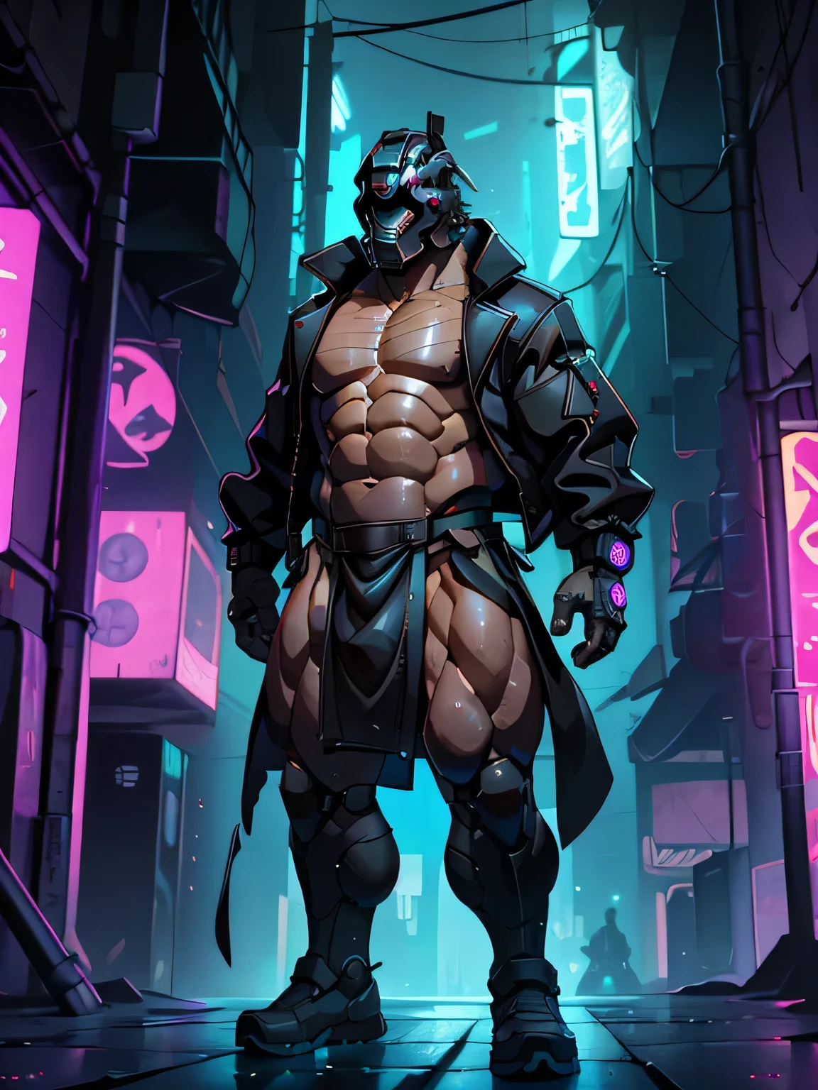 male, human body, full body, muscular, dark alley, (full nude, only loincloth, only black jacket, only Glowing cyberpunk future helmet,) sweating, covered semen, realistic, (light skinned) posing, big bulge,