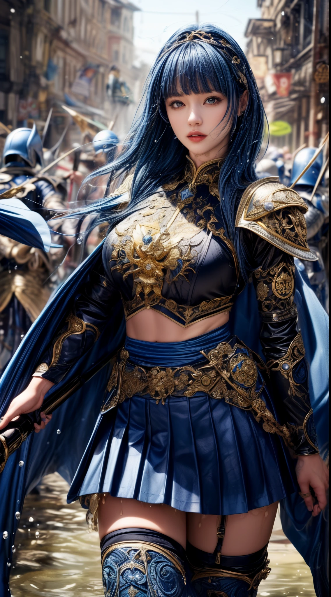 Very beautiful woman、Slender women、(Detailed face)、Realistic Skin、((holy knight)), ((Navy Blue Armor))、((((Black armor with very fine and intricate decoration:1.1))))、((Delicate photo))，(Girl Astepeace RAW Photo Details:1.25), (highest quality:1.6), (超A high resolution:1.5), (Realistic:1.75), 8K resolution, Canon EOS R5, 50mm, Absurd, Ultra-detailed,Cinema Lighting,((battlefield))、((battle))、(((Navy Skirt with Embellishments)))、Thigh-high socks、Shin Guards、((Dark blue hair))、((Bowl cut hairstyle with bangs,))、Get six-pack、Cape、Beautiful Armor、(((Has a huge weapon)))、(In combat)、The wind is blowing、((Symmetrical Armor))、((((Splash))))、(((Leading a large group of blue knights:1.2)))、Banner、Armor with a dragon motif、(((Battle Scene)))