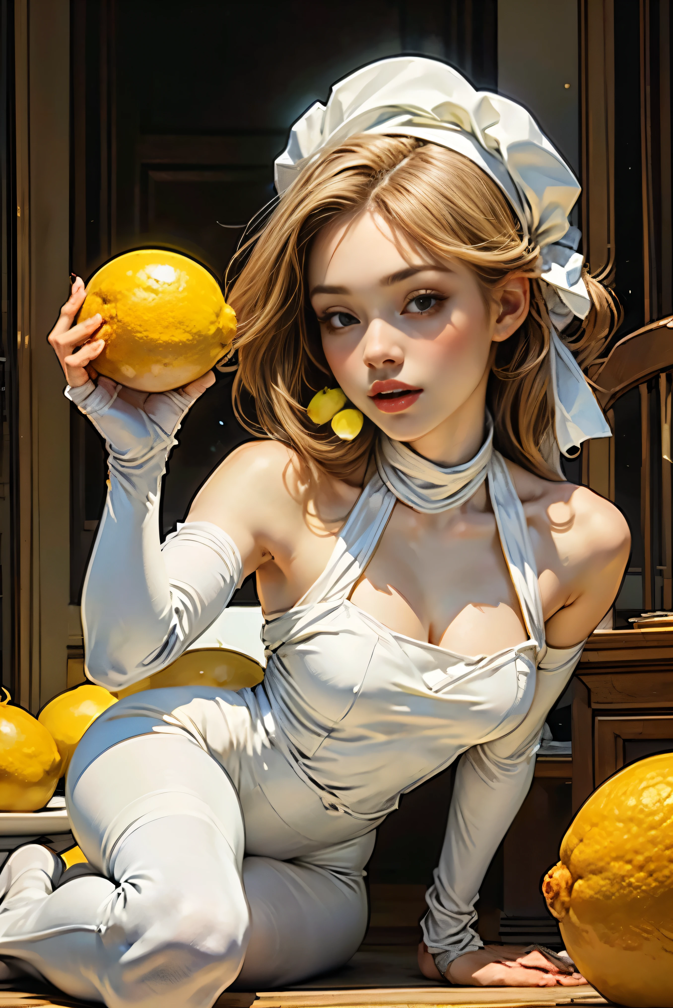 Mulher jovem e incrivelmente bela、Médio Cheio　Retrato、(vestindo meia-calça branca:1.3)、(anatomia correta:1.5)、（dedos anatomicamente corretos:1.5)、Comendo limão
