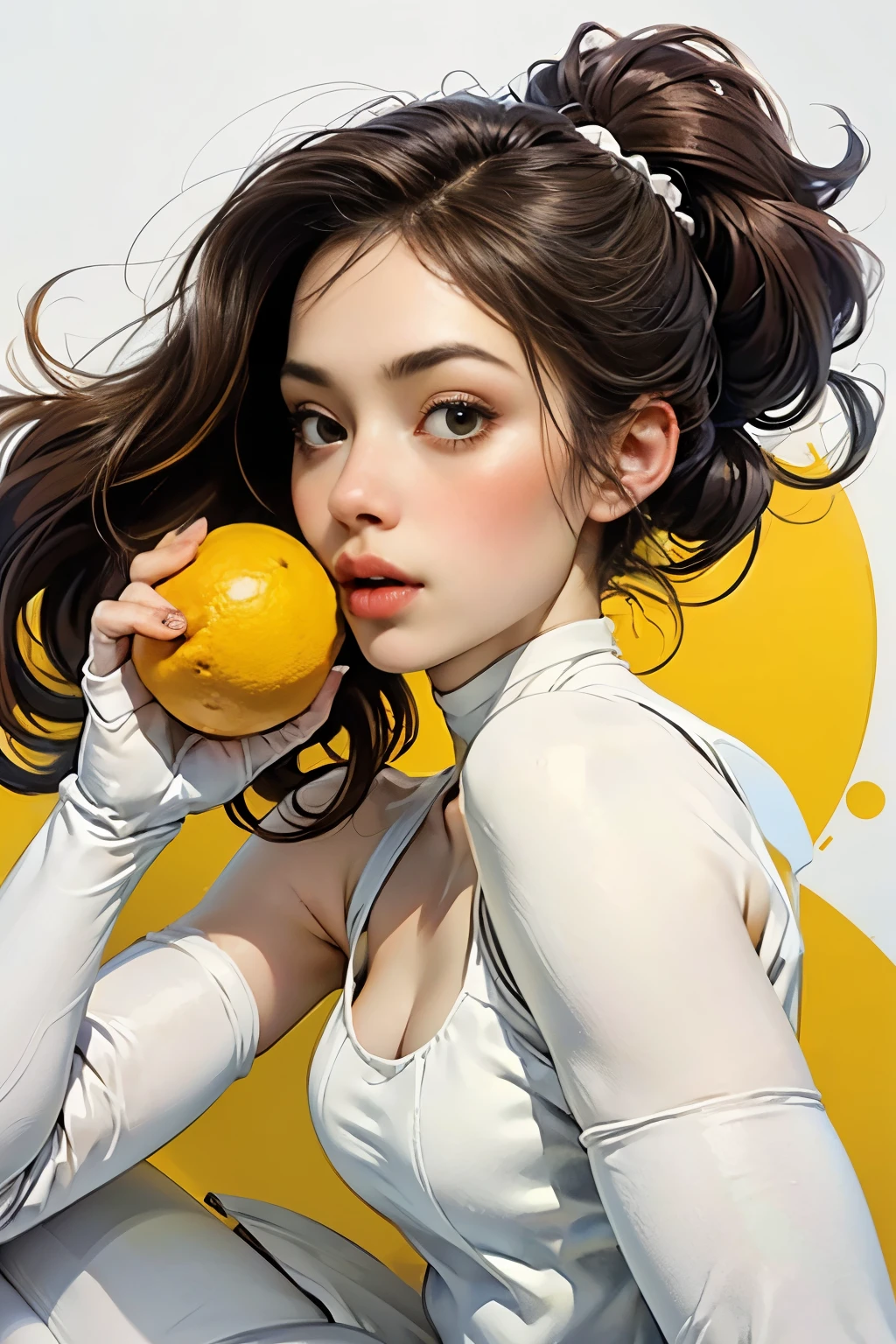 Mujer joven e increíblemente hermosa.、Medio completo　retrato、(usando medias blancas:1.5)、(anatomía correcta:1.75)、（dedos anatómicamente correctos:1.5)、comiendo limon:1.4
