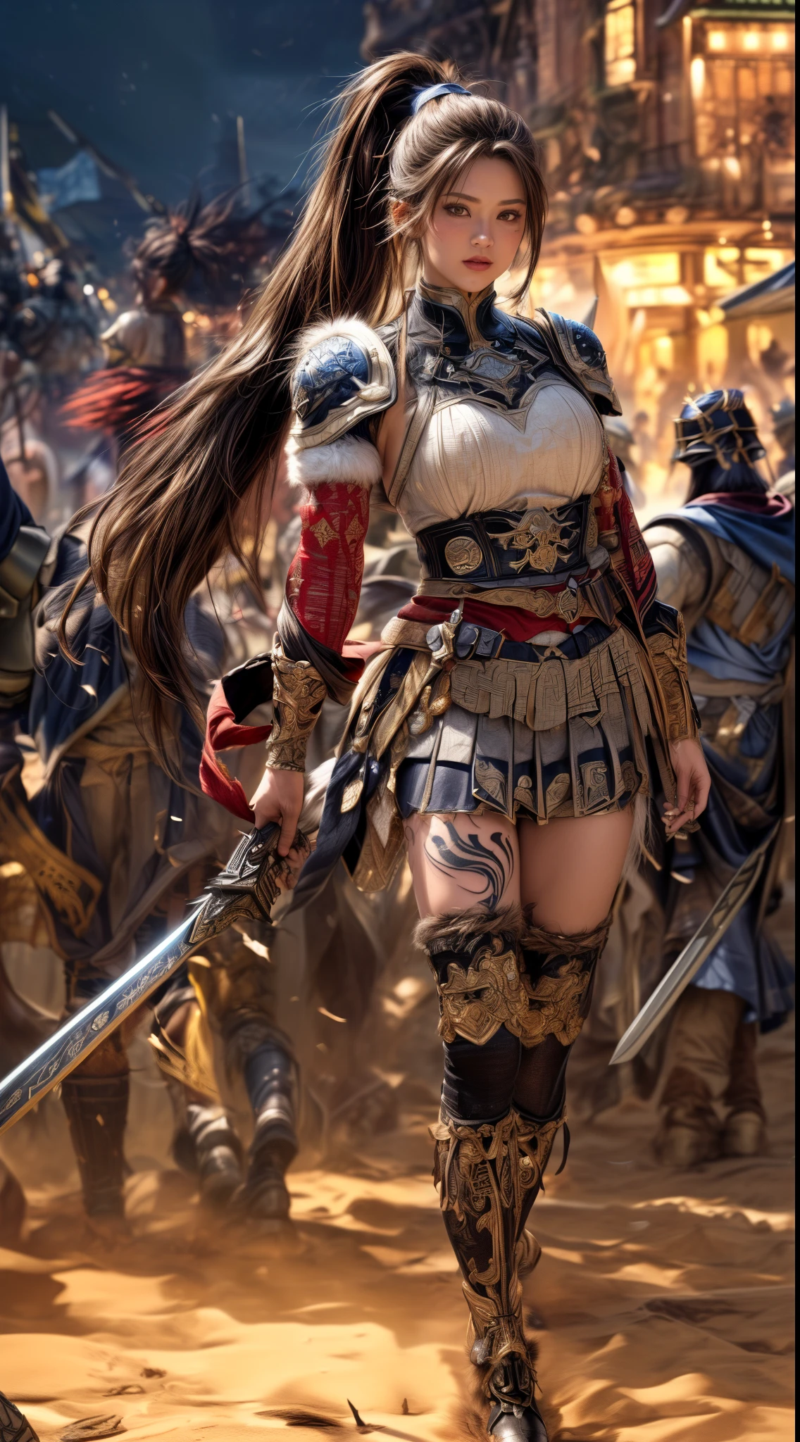 Very beautiful woman、Very tall woman、((muscle))、(Detailed face)、Realistic Skin、((Knights of the Earth)), (((Light brown and black armor:1.25)))、((((Very delicate and decorated light brown and black armor))))、((Delicate photo))，(Girl Astepeace RAW Photo Details:1.25), (highest quality:1.6), (超A high resolution:1.5), (Realistic:1.75), 8K resolution, Canon EOS R5, 50mm, absurdes, Ultra-detailed,Cinema Lighting,Battlefields of Medieval Europe、((battle))、RPG World、Final Fantasy、(((Embellished skirt)))、Thigh-high socks、Shin Guards、night、((((Messy center parted high ponytail))))、((Get six-pack))、Torn Cloak、((Beautiful Armor))、(((Huge weapons)))、In combat、The wind is blowing、(((Leading a large group of knights:1.3)))、(((Knight Commander)))、(Banner)、Great Ape Emblem、(((Light brown as the main color)))、(((black tribal tattoo)))、Dust、(((Wearing fur)))、(Rocky area)、(((Battle Scene)))、((nsfw))