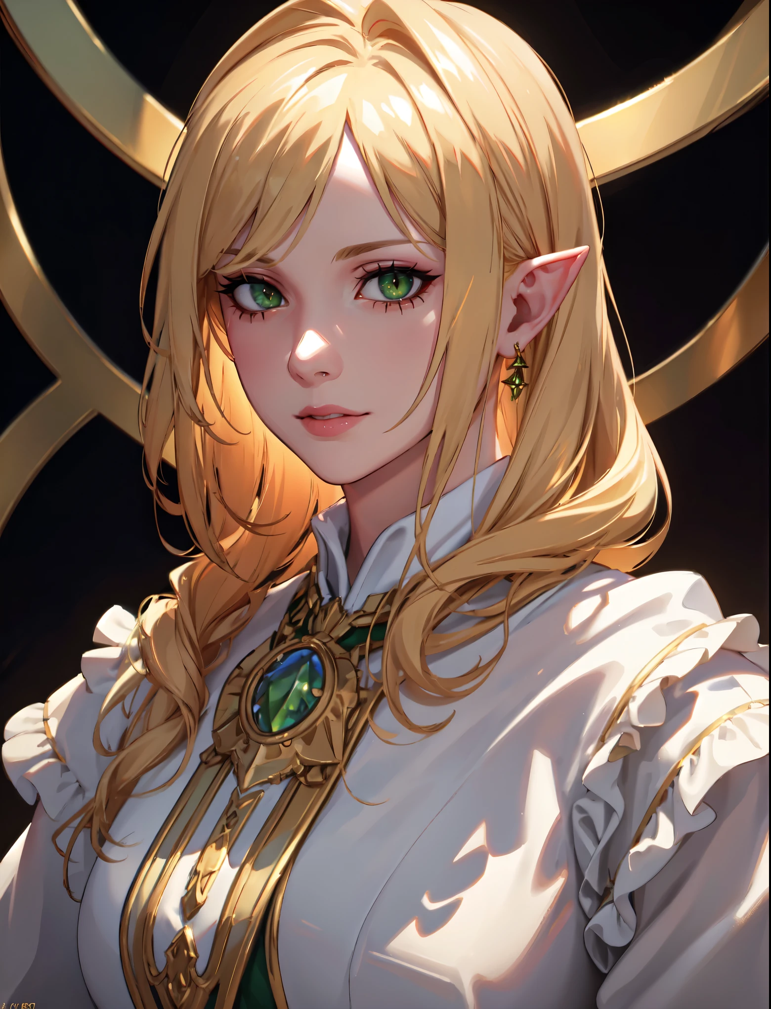 A mature female, green eyes,elf ears, naughty smile, closed mouth, close-up portrait, golden hair, (best quality,4k,8k,highres,masterpiece:1.2),ultra-detailed,(realistic,photorealistic,photo-realistic:1.37),HDR,UHD,studio lighting,ultra-fine painting,sharp focus,physically-based rendering,extreme detail description,professional,vivid colors,bokeh,portrait