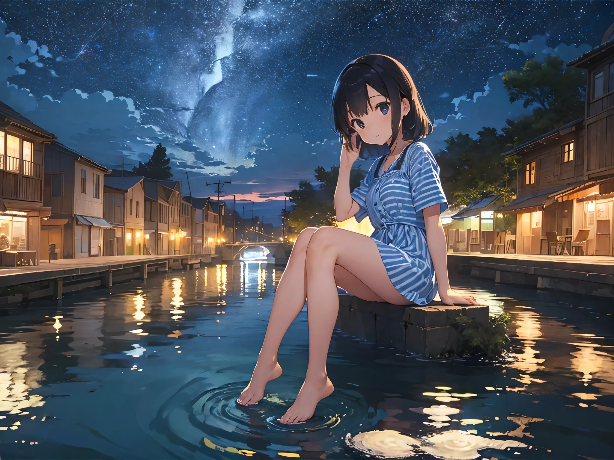 Osa Mayor、Vista nocturna de la ciudad portuaria y el cielo estrellado.、Vestido camisero de rayas azules y blancas.、Sandalias para pies descalzos、hermanas