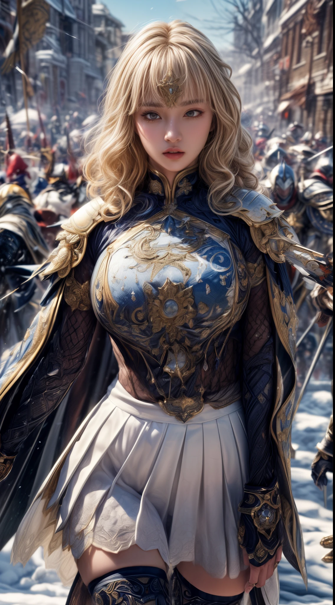 Very beautiful woman、Slender women、(Detailed face)、Realistic Skin、((holy knight)), ((Pearl White Armor))、((((Black armor with very fine and intricate decoration:1.1))))、((Delicate photo))，(Girl Astepeace RAW Photo Details:1.25), (highest quality:1.6), (超A high resolution:1.5), (Realistic:1.75), 8K resolution, Canon EOS R5, 50mm, Absurd, Ultra-detailed,Cinema Lighting,((battlefield))、((battle))、(((White skirt with embellishments)))、Thigh-high socks、Shin Guards、((Blonde))、((Curly Hair))、((Drill Hair))、((Wavy short hair with bangs,))、Get six-pack、Cape、Beautiful Armor、(((Has a huge weapon)))、(In combat)、The wind is blowing、((Symmetrical Armor))、((((Blizzard))))、(((Leading a large group of knights:1.2)))、Banner、Armor with a snow and ice motif、(((Battle Scene)))、((nsfw:1.1))